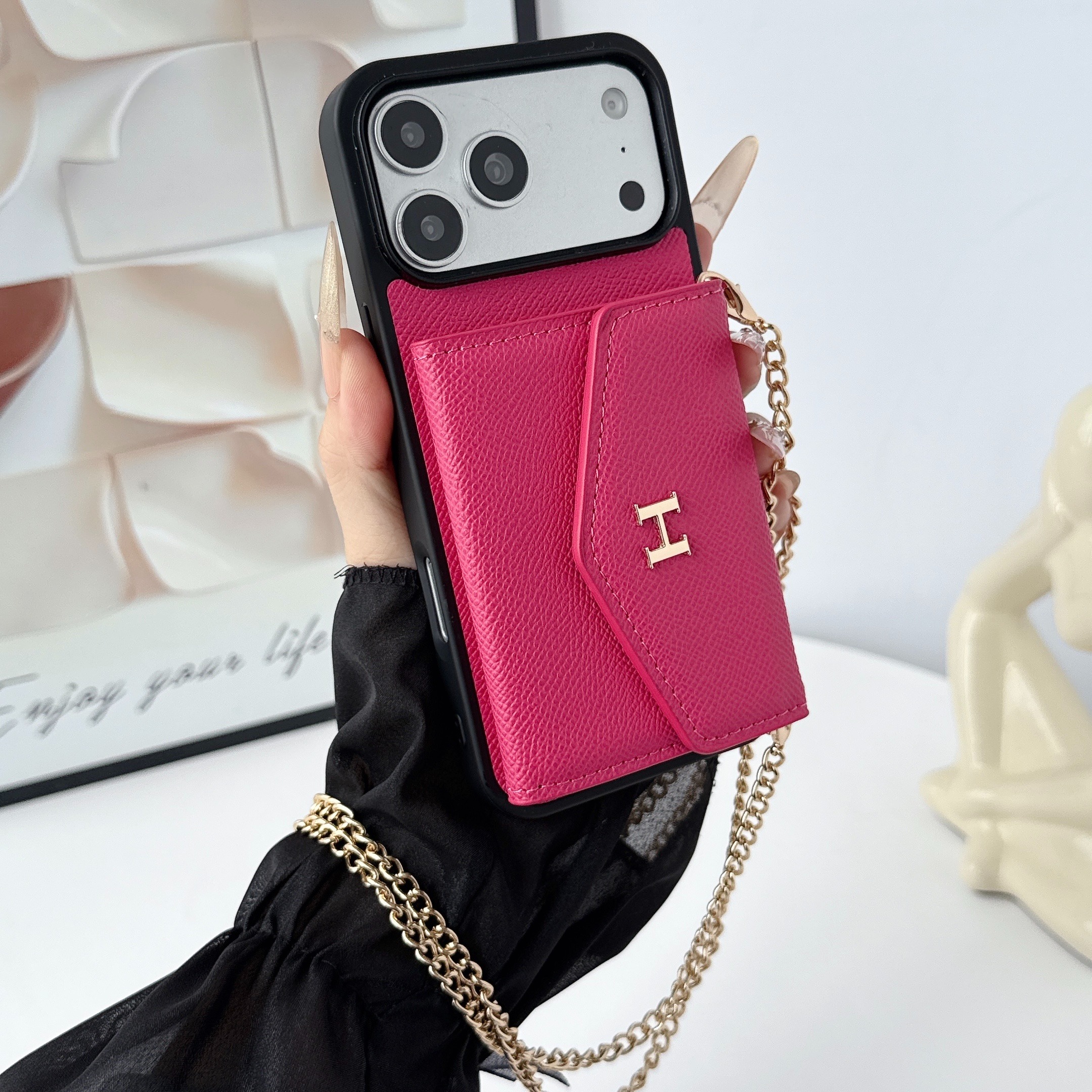 Hermès Leather iPhone Wallet Case with Metal Crossbody Strap