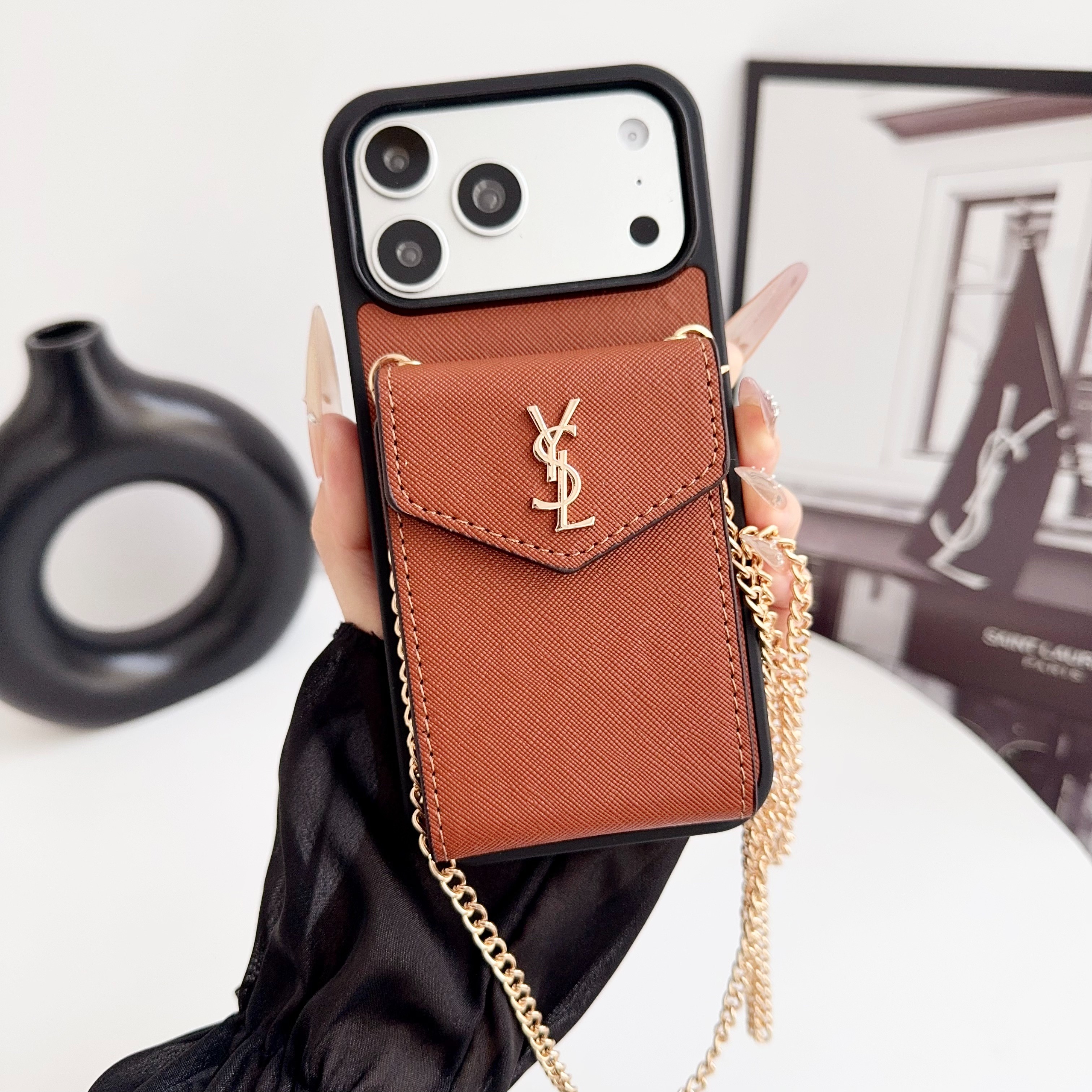 YSL Leather iPhone Wallet Case with Metal Crossbody Strap