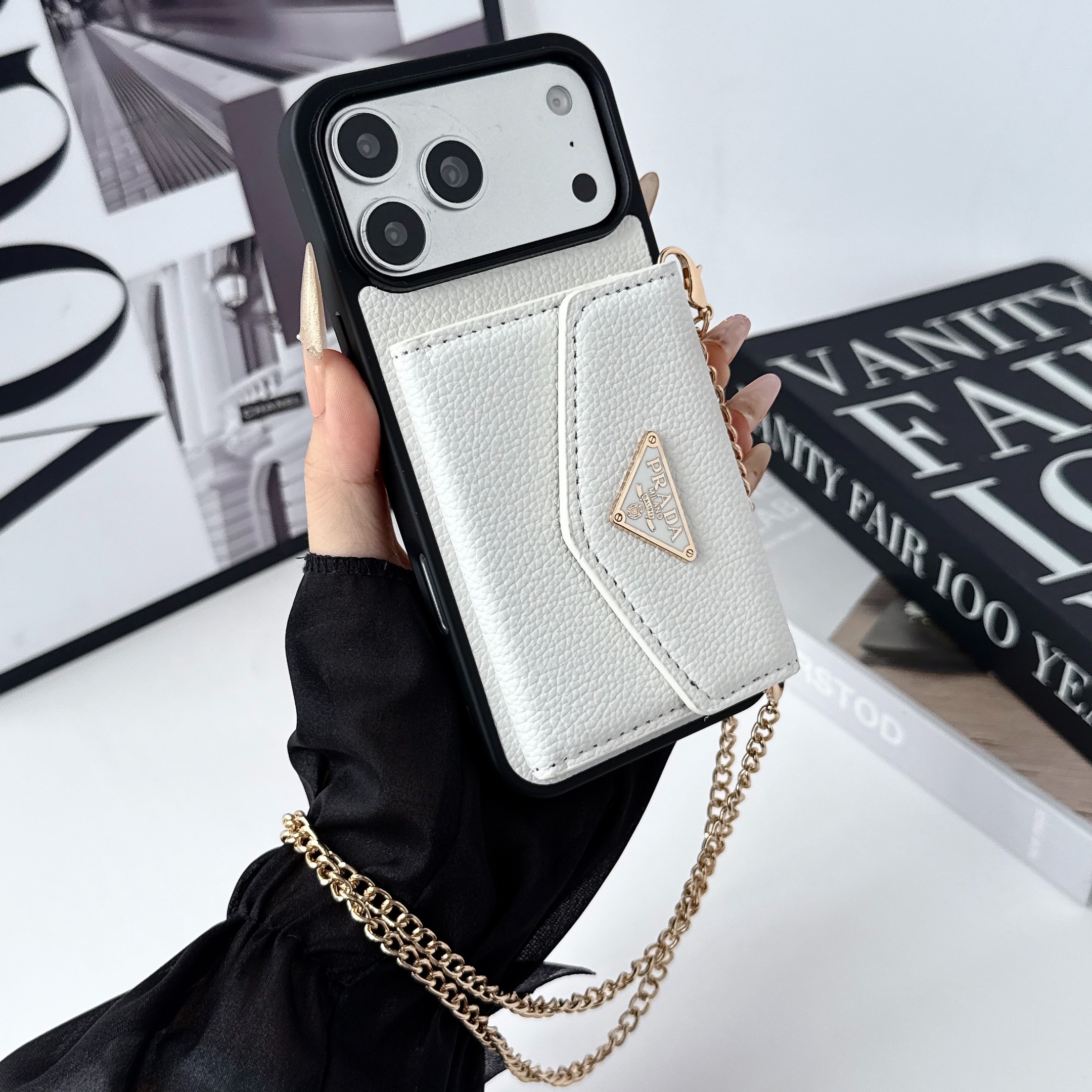 Prada Leather iPhone Wallet Case with Metal Crossbody Strap