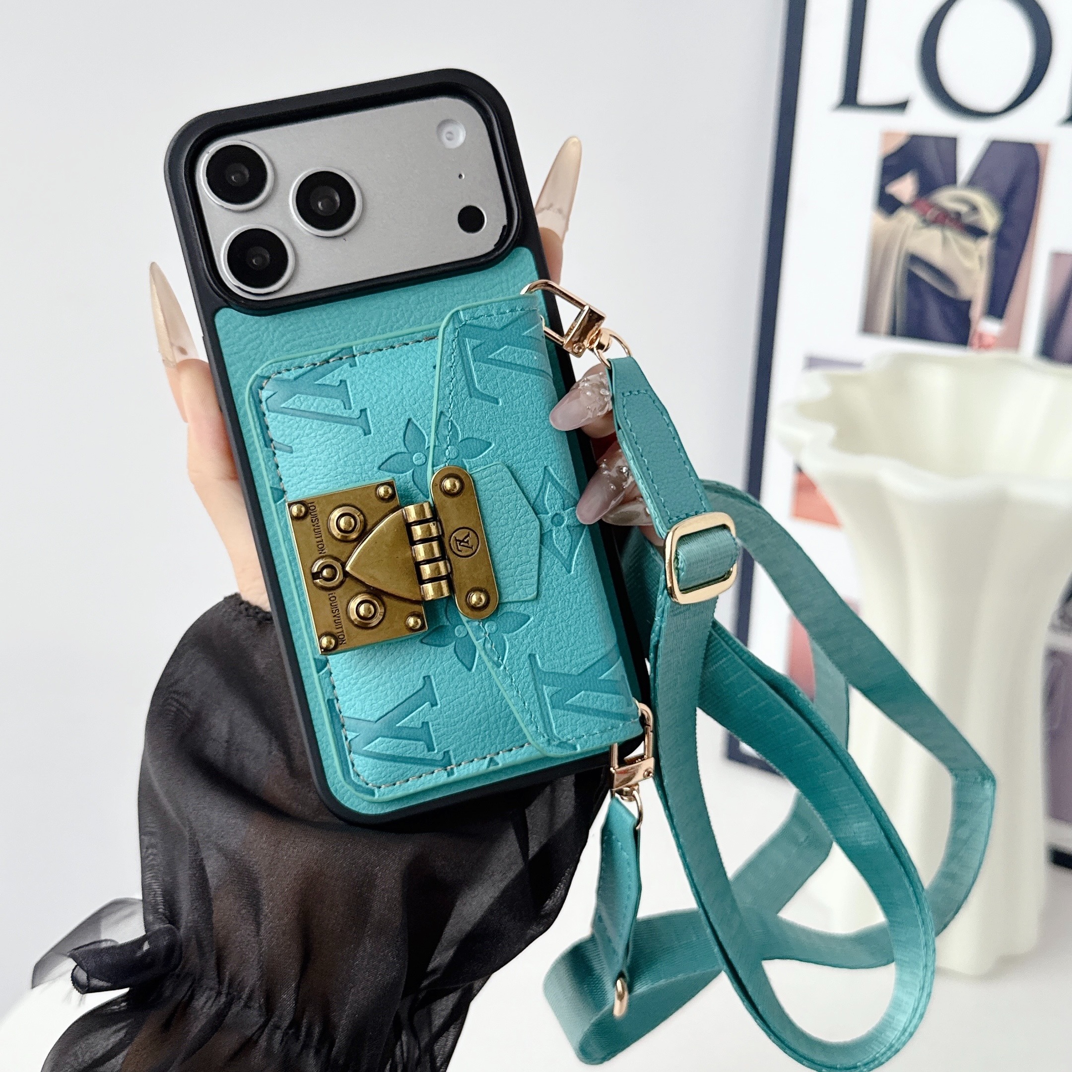 Louis Vuitton Leather iPhone Wallet Case with Crossbody Strap