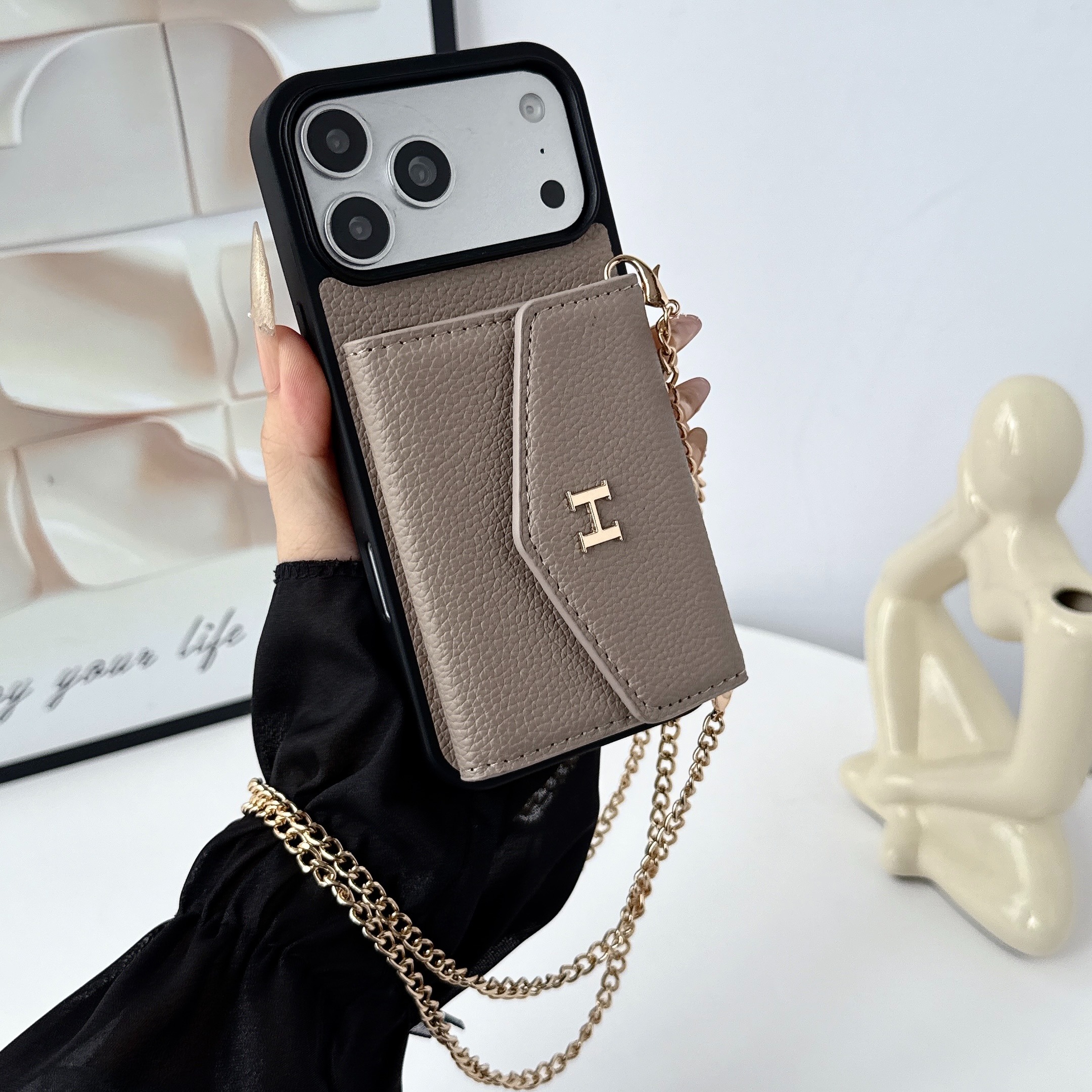 Hermès Leather iPhone Wallet Case with Metal Crossbody Strap