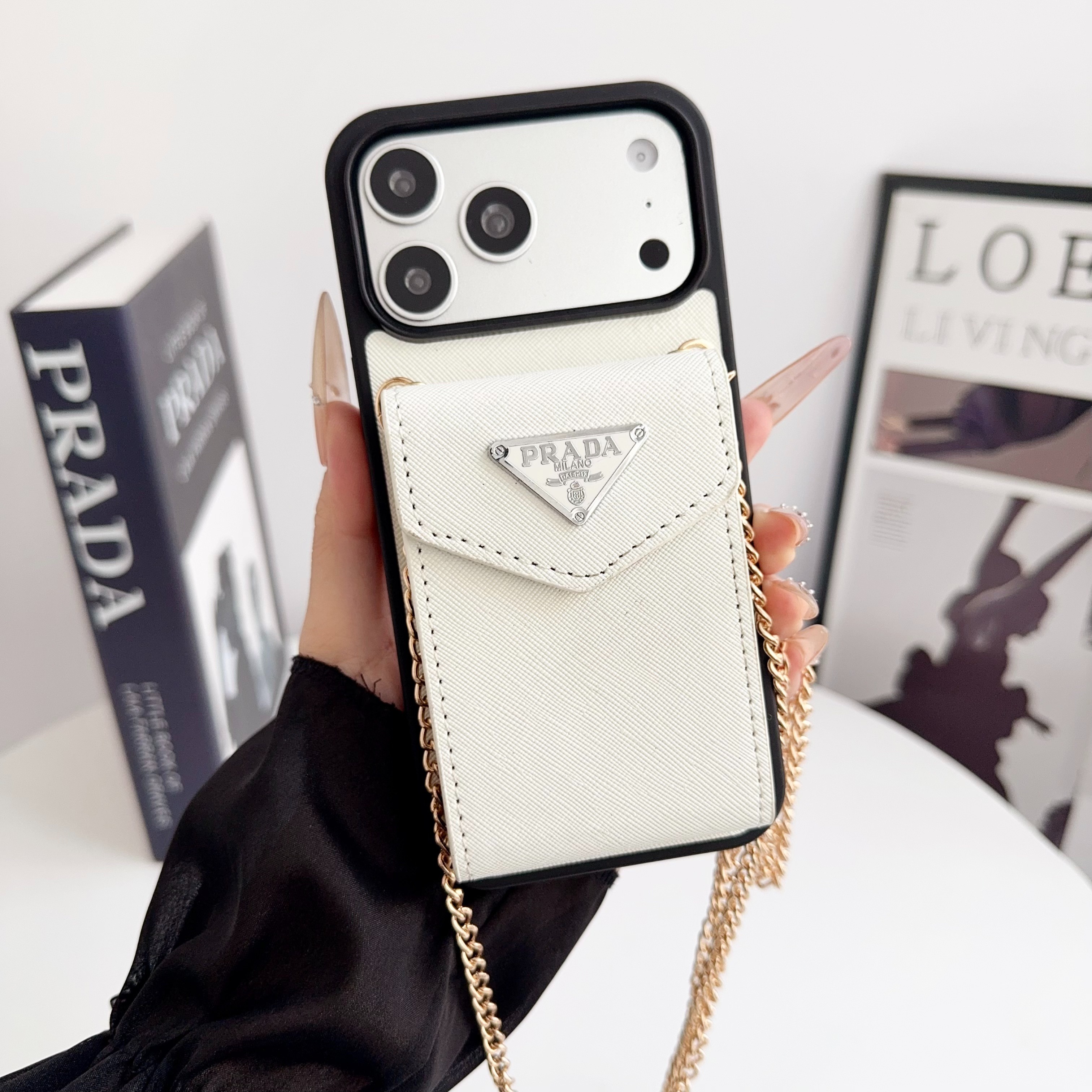 Prada Leather iPhone Wallet Case with Metal Crossbody Strap