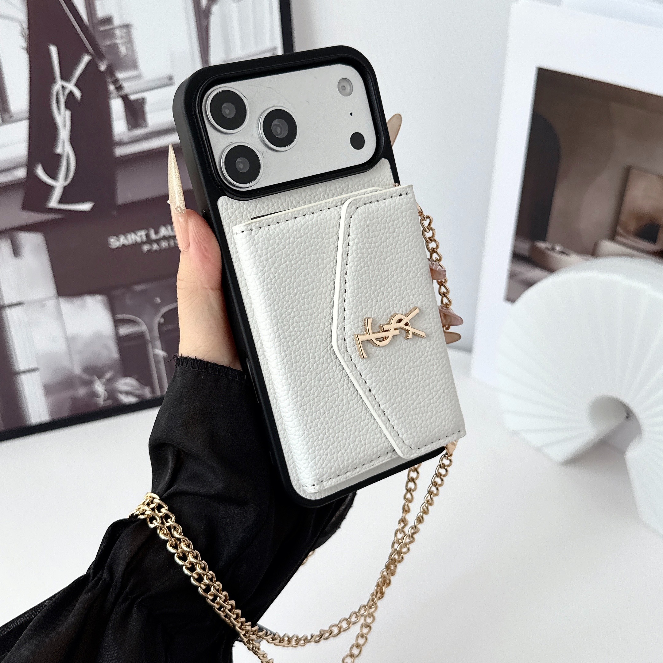 YSL Leather iPhone Wallet Case with Metal Crossbody Strap