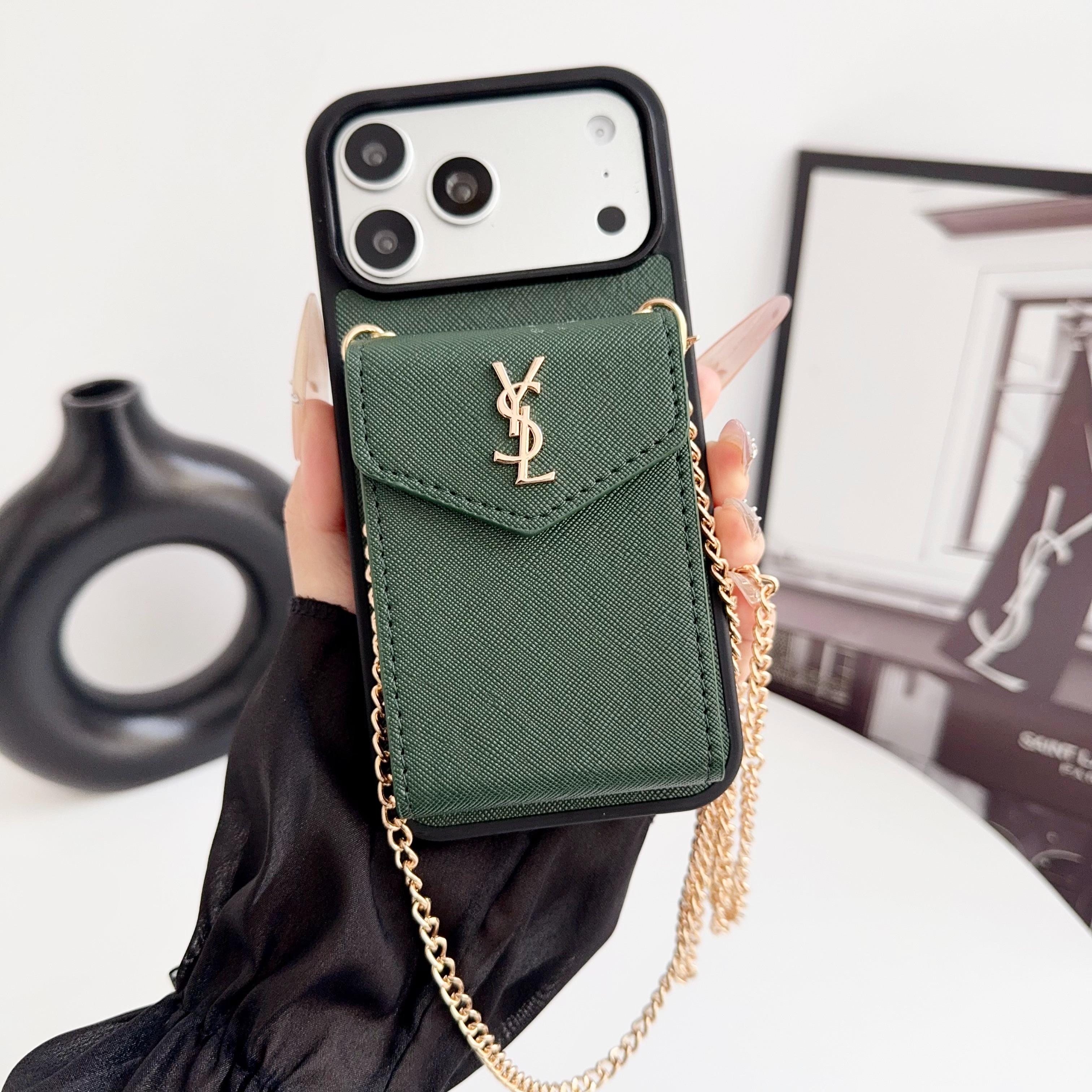 YSL Leather iPhone Wallet Case with Metal Crossbody Strap