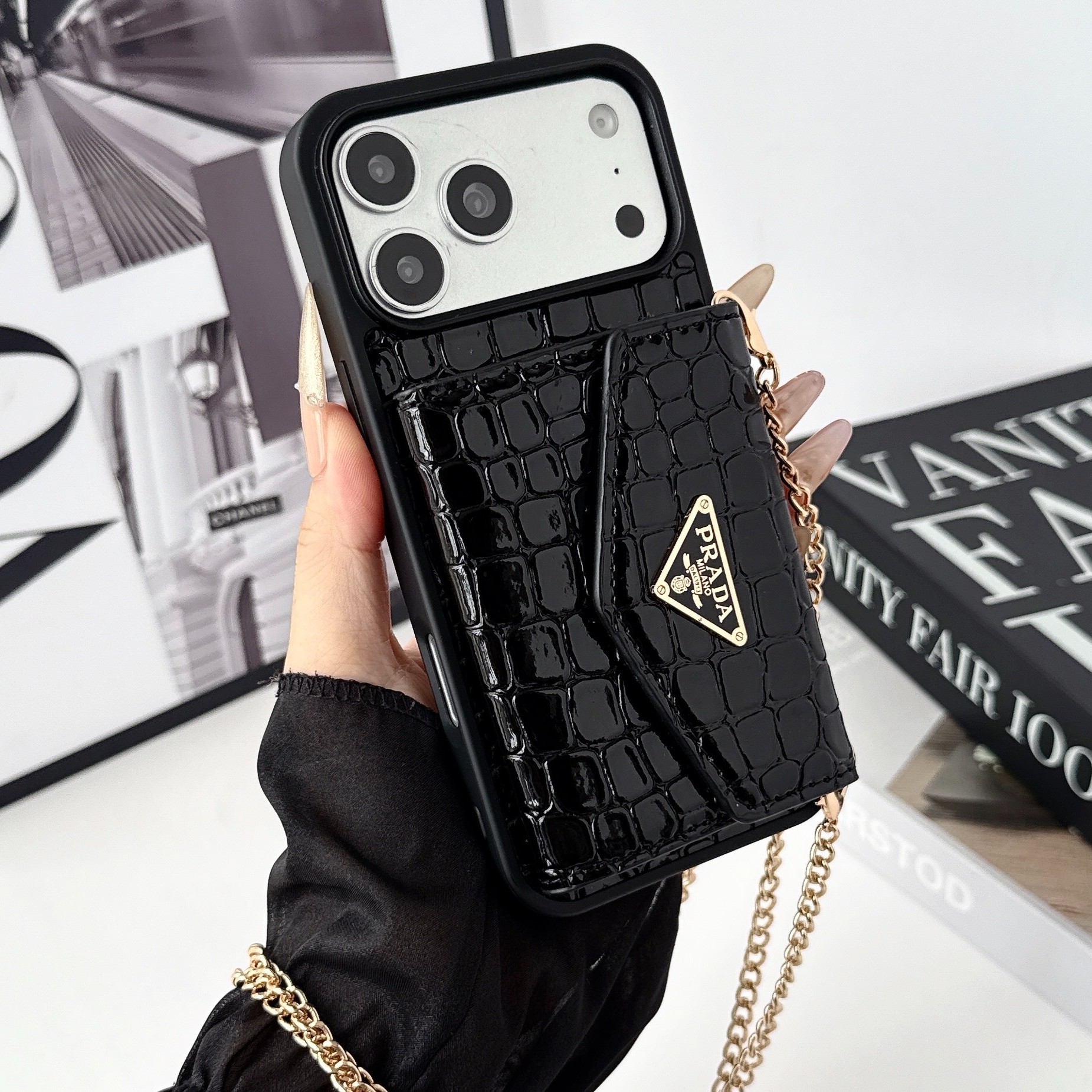 Prada Leather iPhone Wallet Case with Metal Crossbody Strap