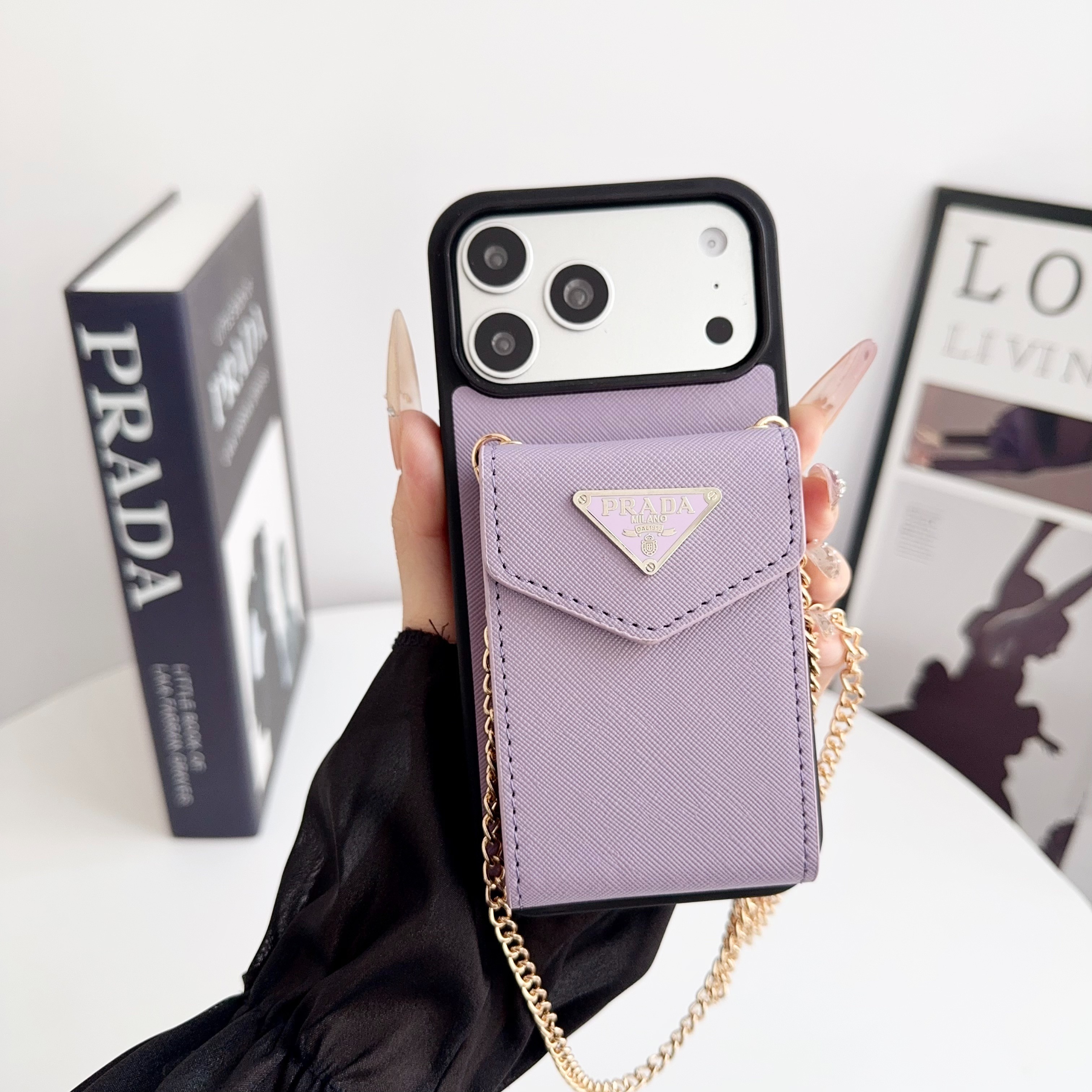 Prada Leather iPhone Wallet Case with Metal Crossbody Strap
