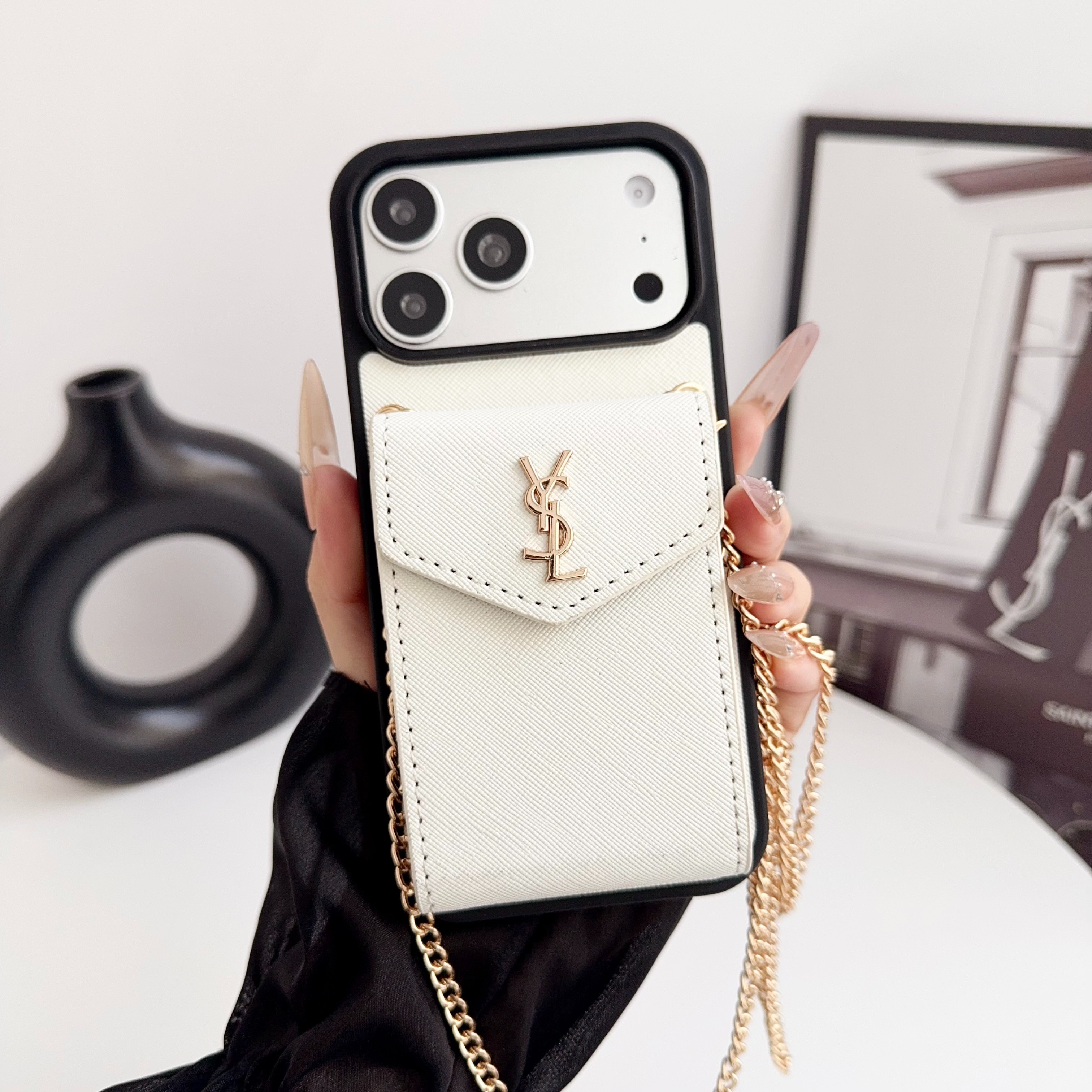 YSL Leather iPhone Wallet Case with Metal Crossbody Strap