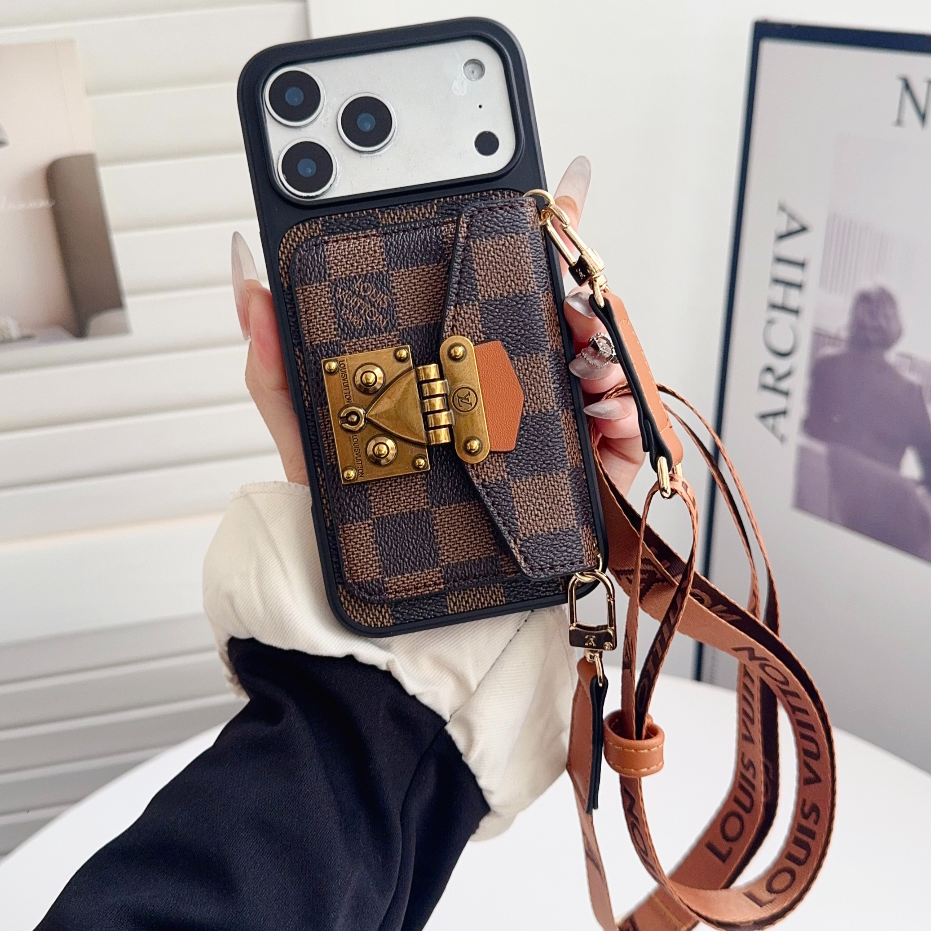 Louis Vuitton,Gucci Vintage Monogram Leather iPhone Wallet Case With Crossbody Strap