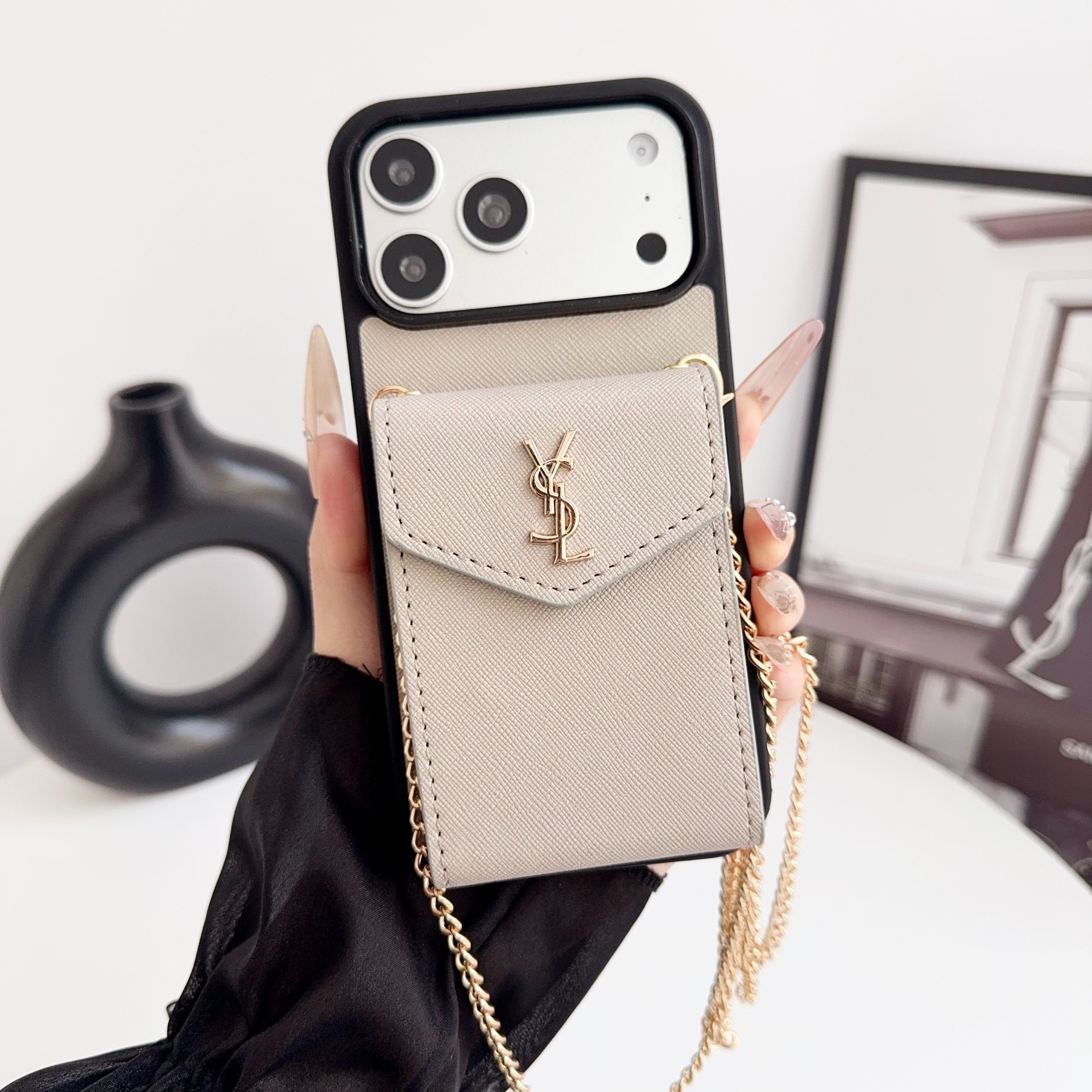 YSL Leather iPhone Wallet Case with Metal Crossbody Strap