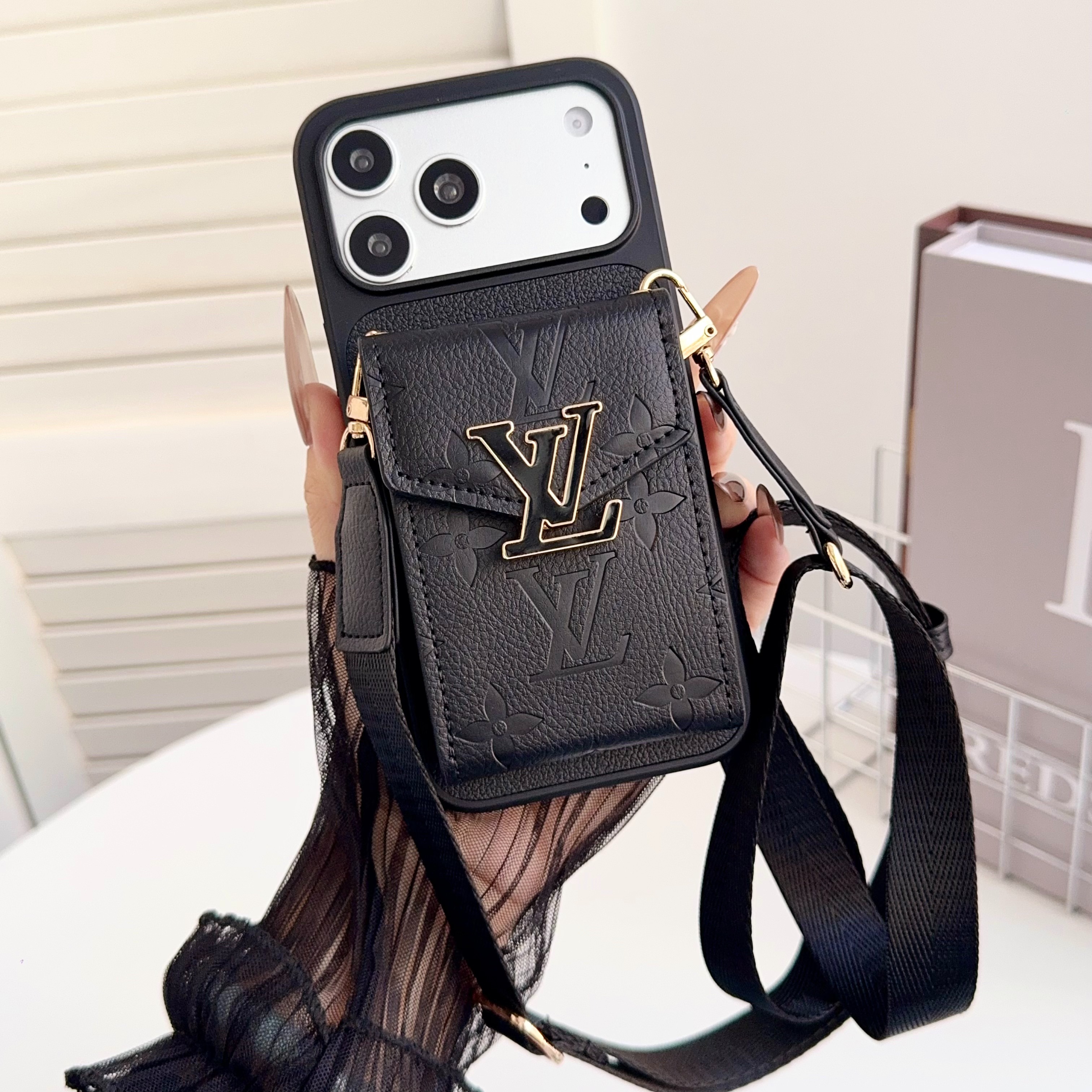 Louis Vuitton Leather iPhone Wallet Case With Crossbody Strap