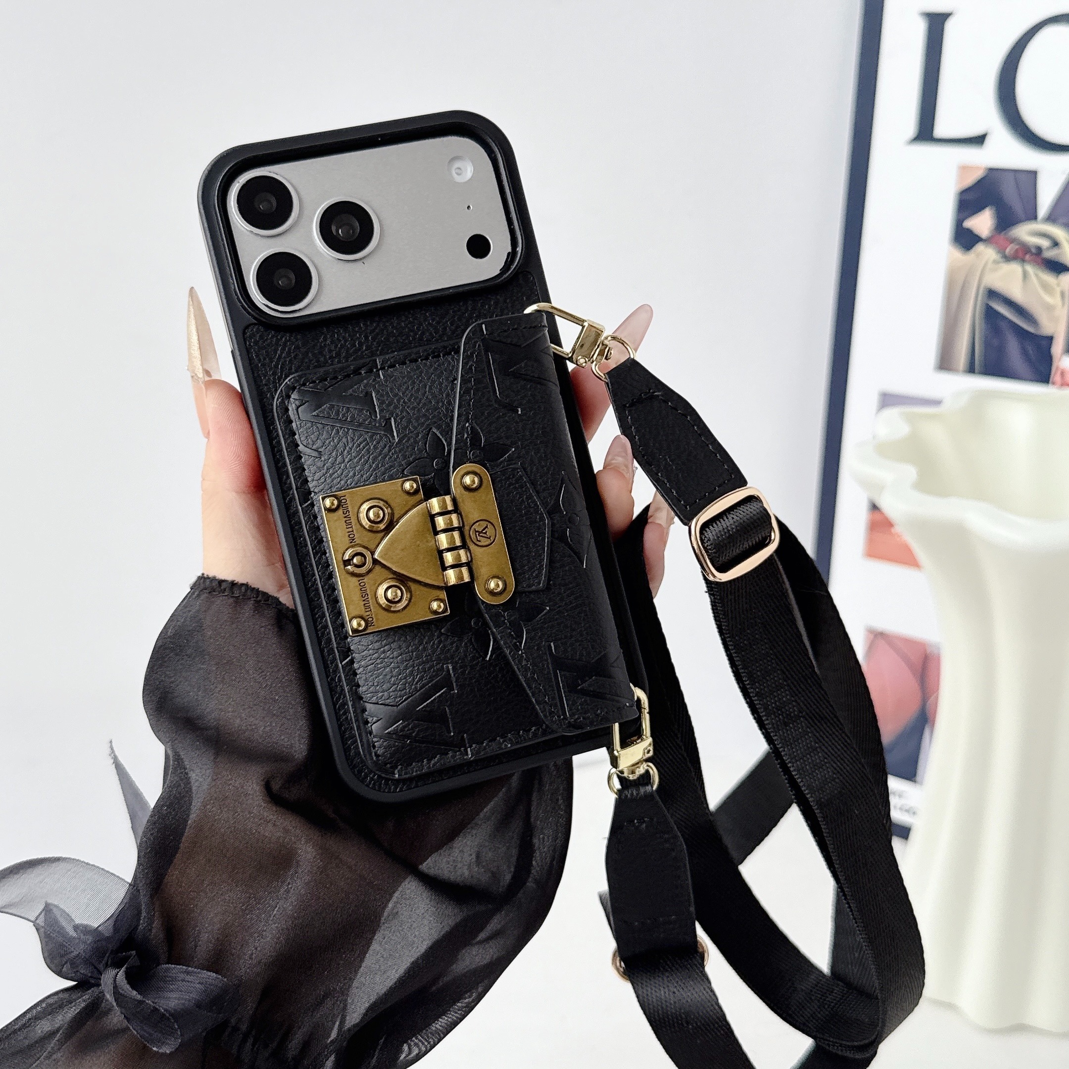 Louis Vuitton Leather iPhone Wallet Case with Crossbody Strap