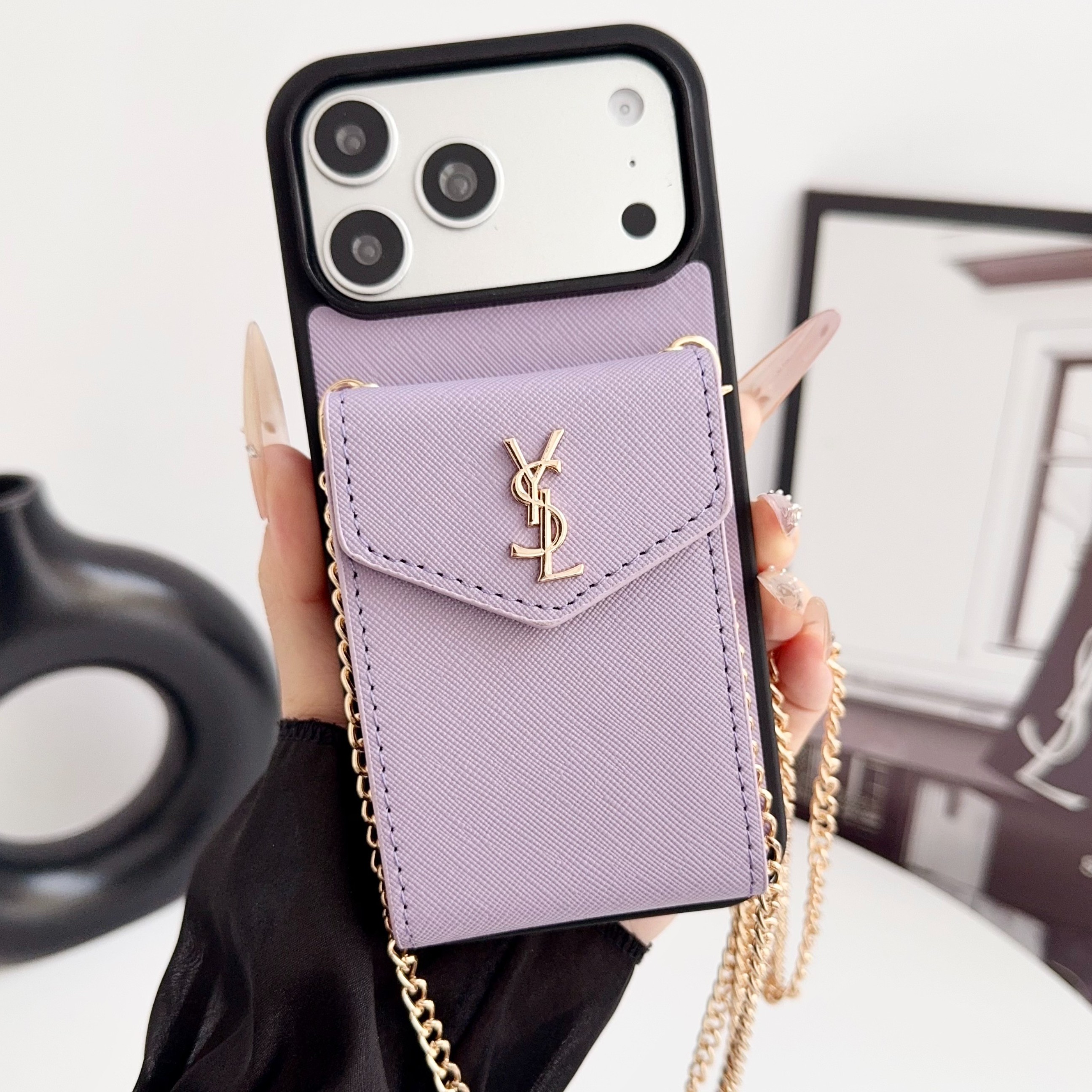 YSL Leather iPhone Wallet Case with Metal Crossbody Strap