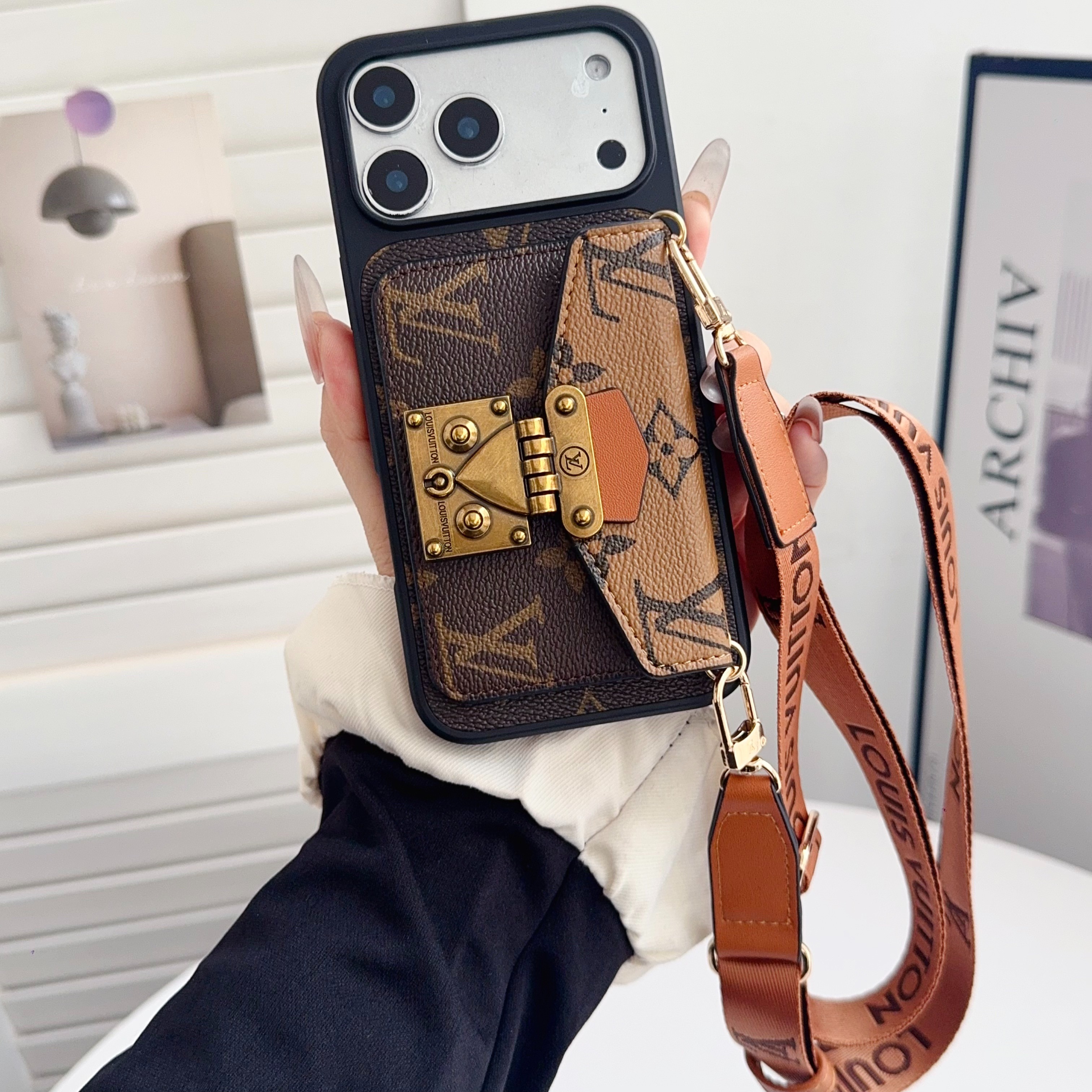 Louis Vuitton,Gucci Vintage Monogram Leather iPhone Wallet Case With Crossbody Strap