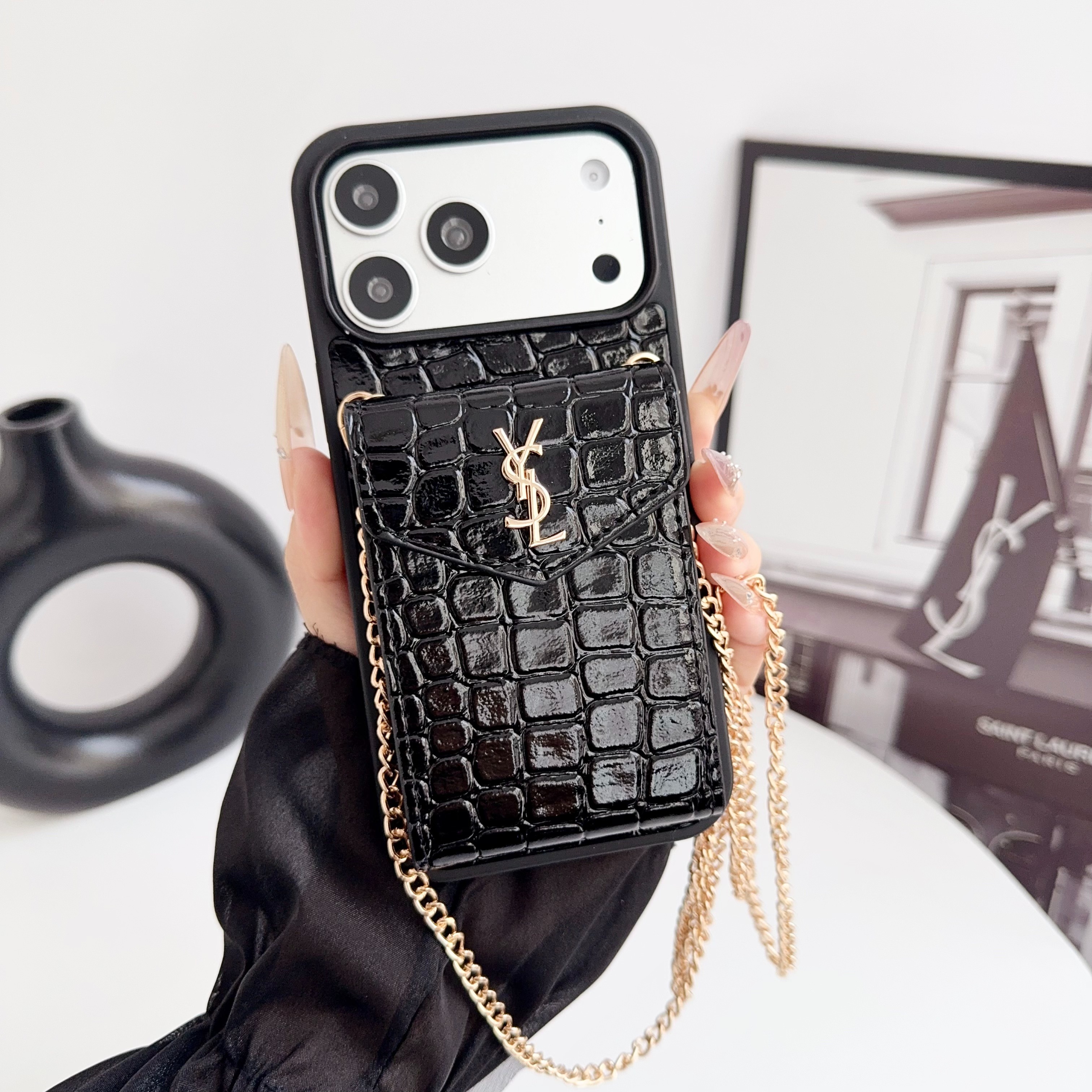 YSL Leather iPhone Wallet Case with Metal Crossbody Strap