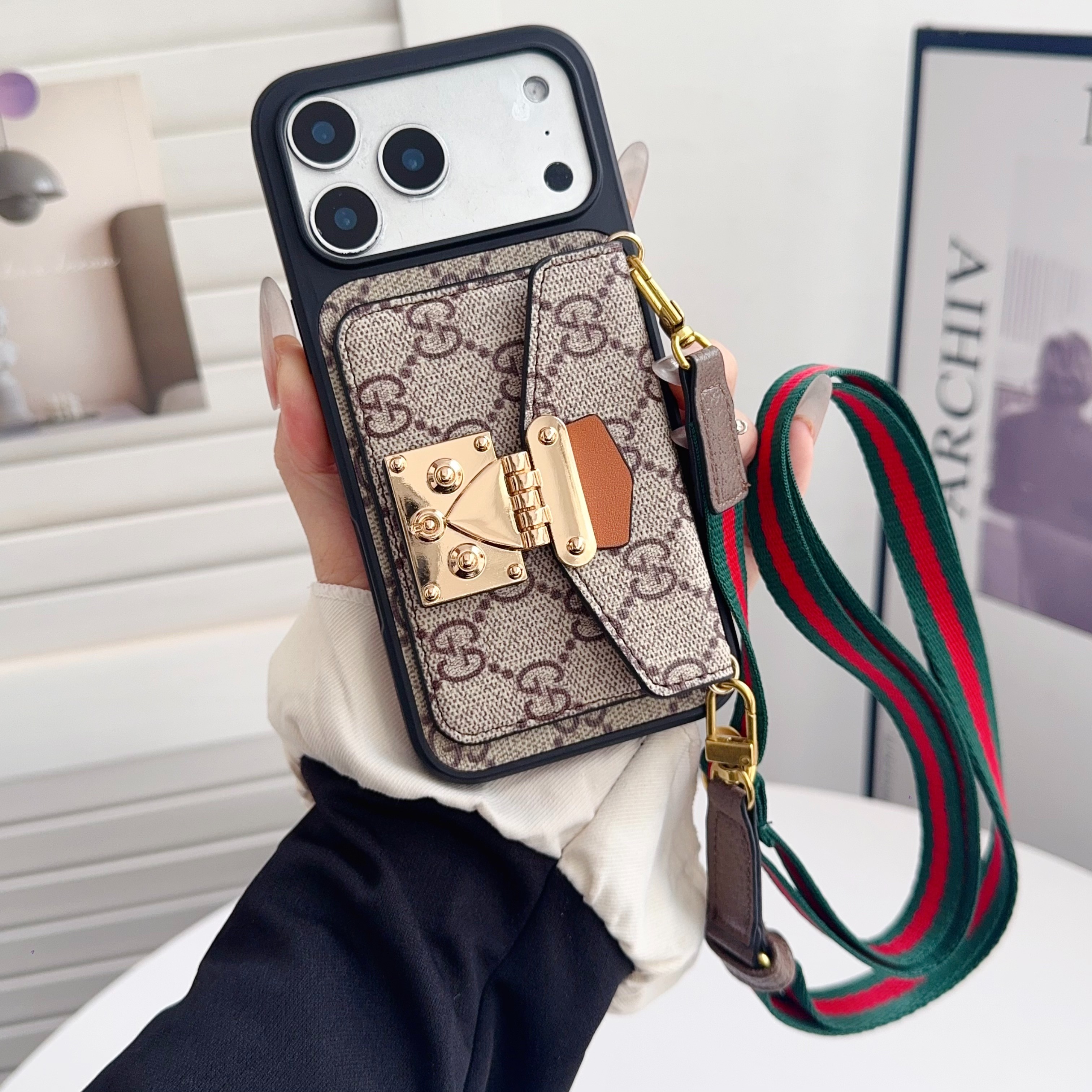 Louis Vuitton,Gucci Vintage Monogram Leather iPhone Wallet Case With Crossbody Strap