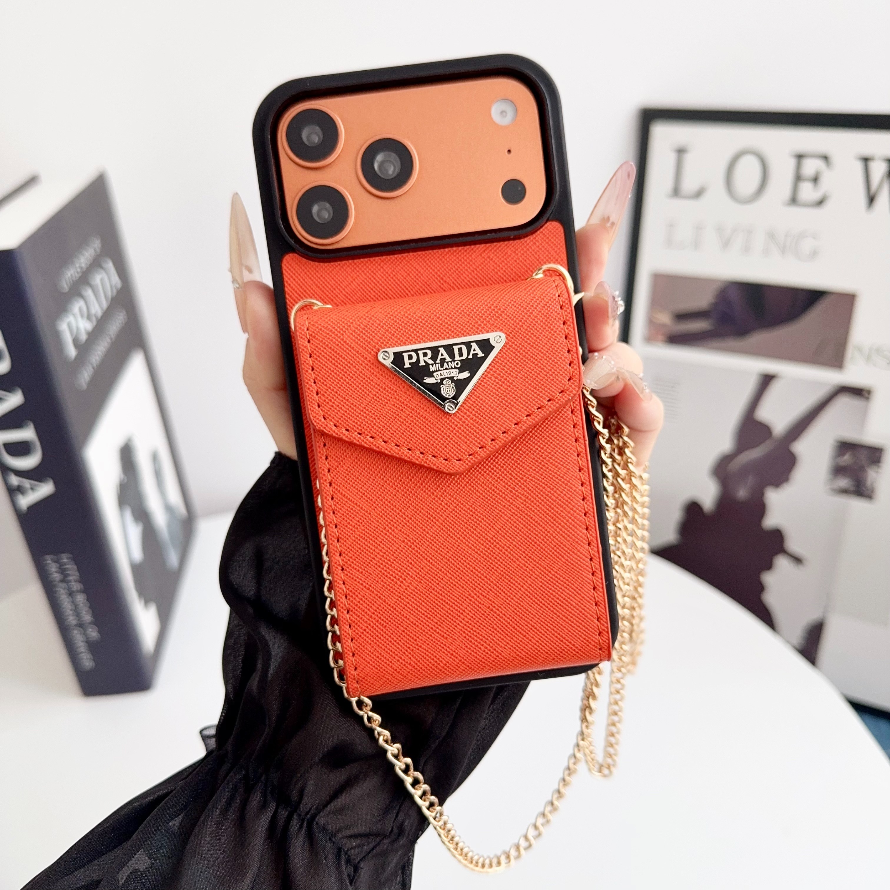 Prada Leather iPhone Wallet Case with Metal Crossbody Strap