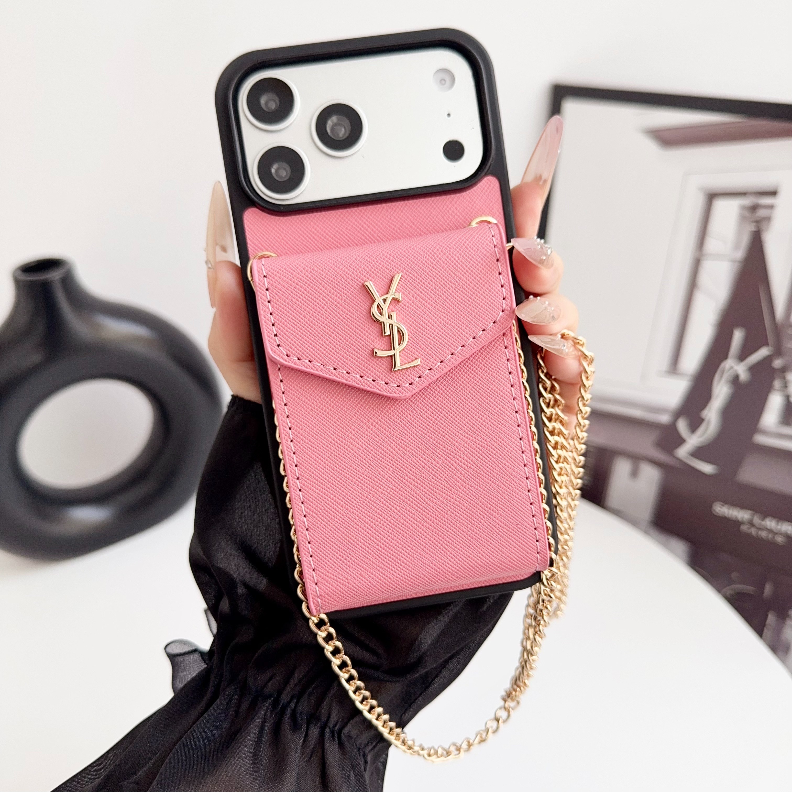 YSL Leather iPhone Wallet Case with Metal Crossbody Strap
