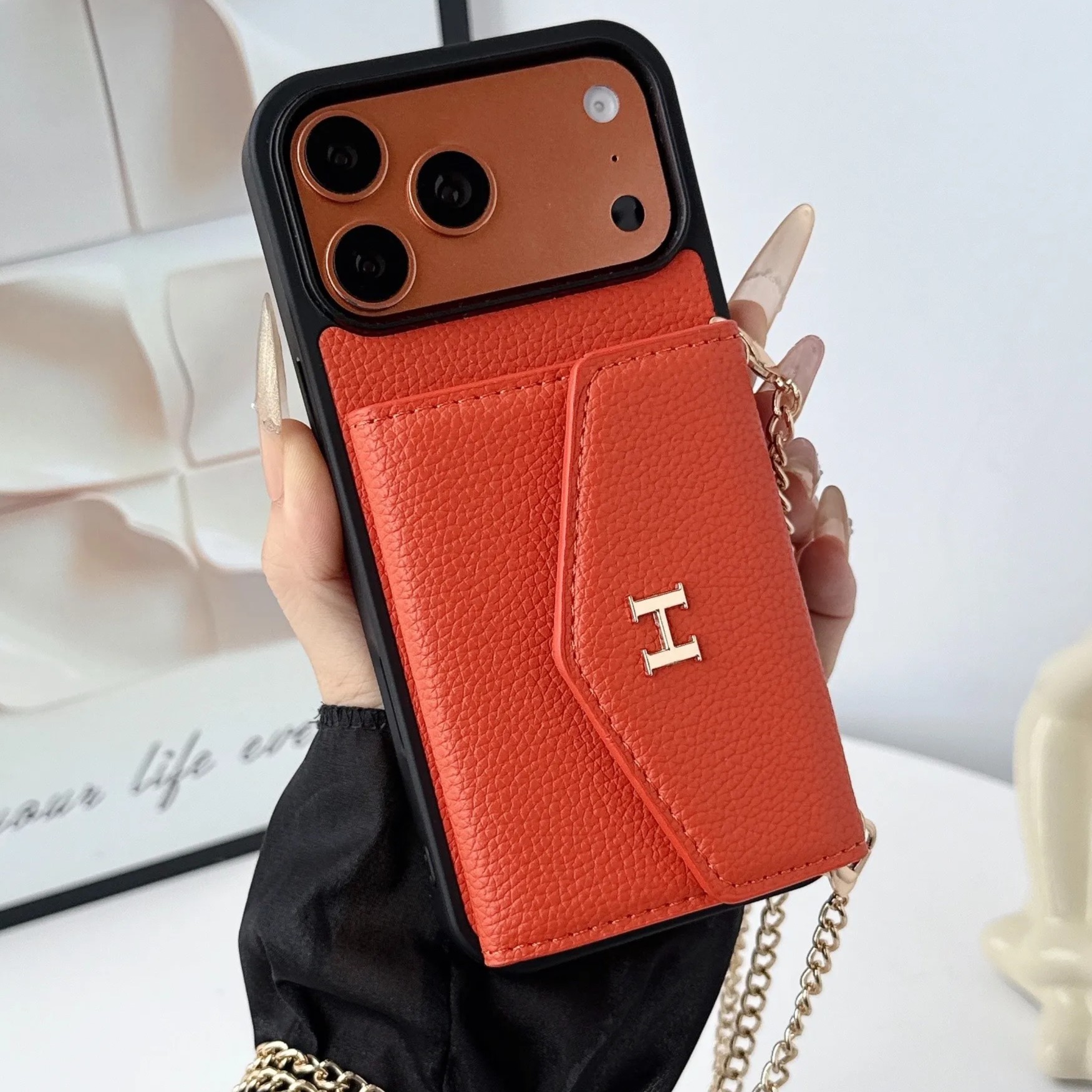 Hermès Leather iPhone Wallet Case with Metal Crossbody Strap