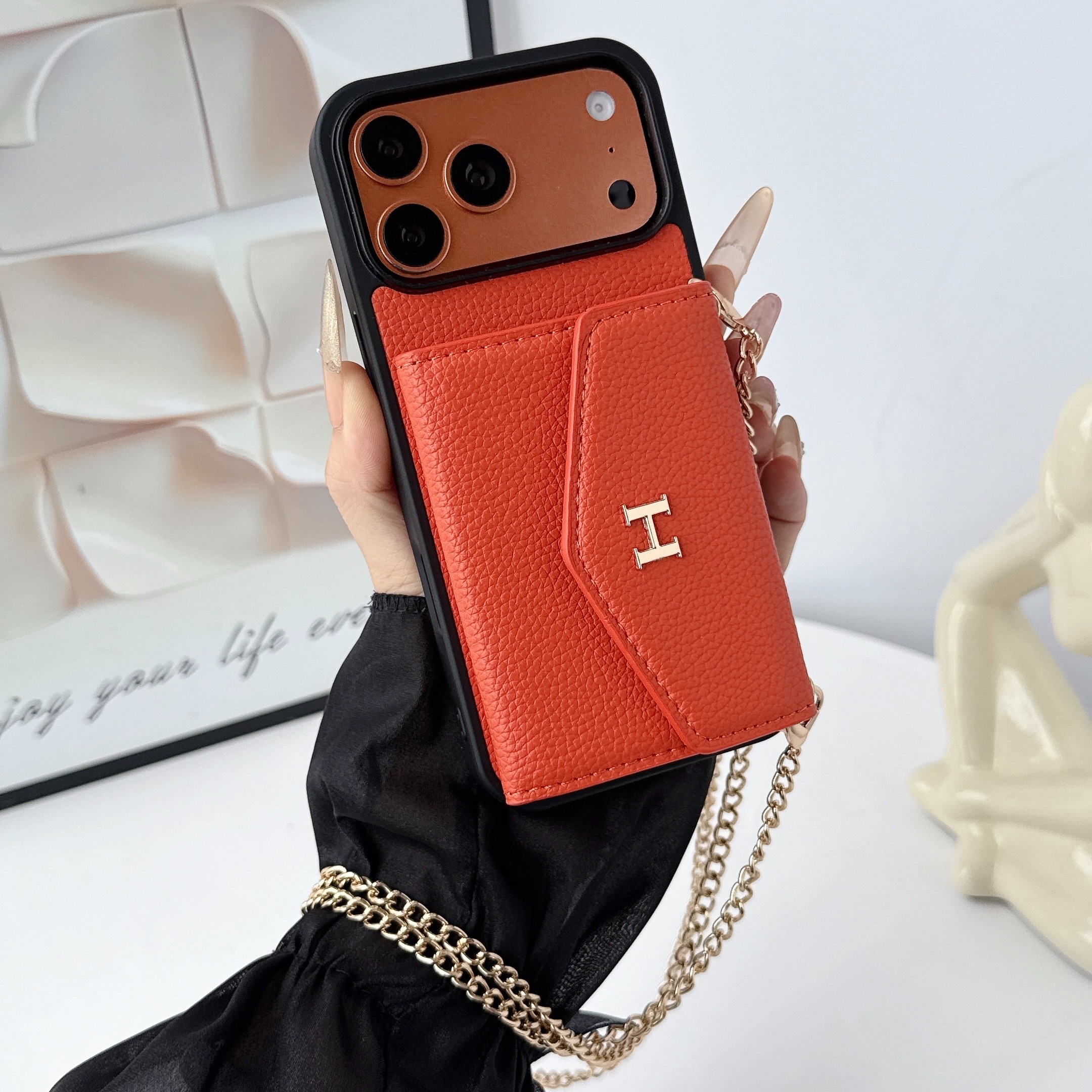 Hermès Leather iPhone Wallet Case with Metal Crossbody Strap