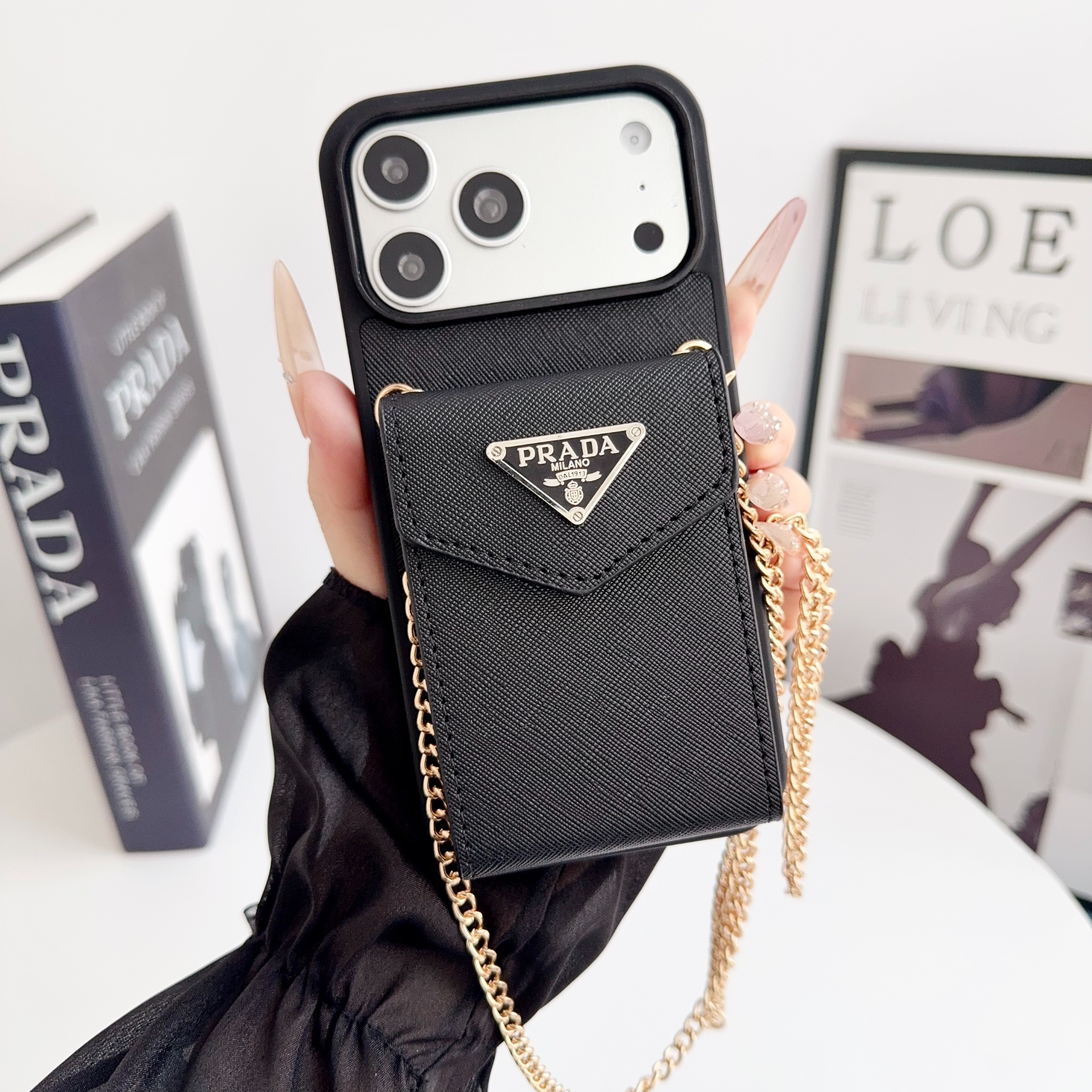 Prada Leather iPhone Wallet Case with Metal Crossbody Strap