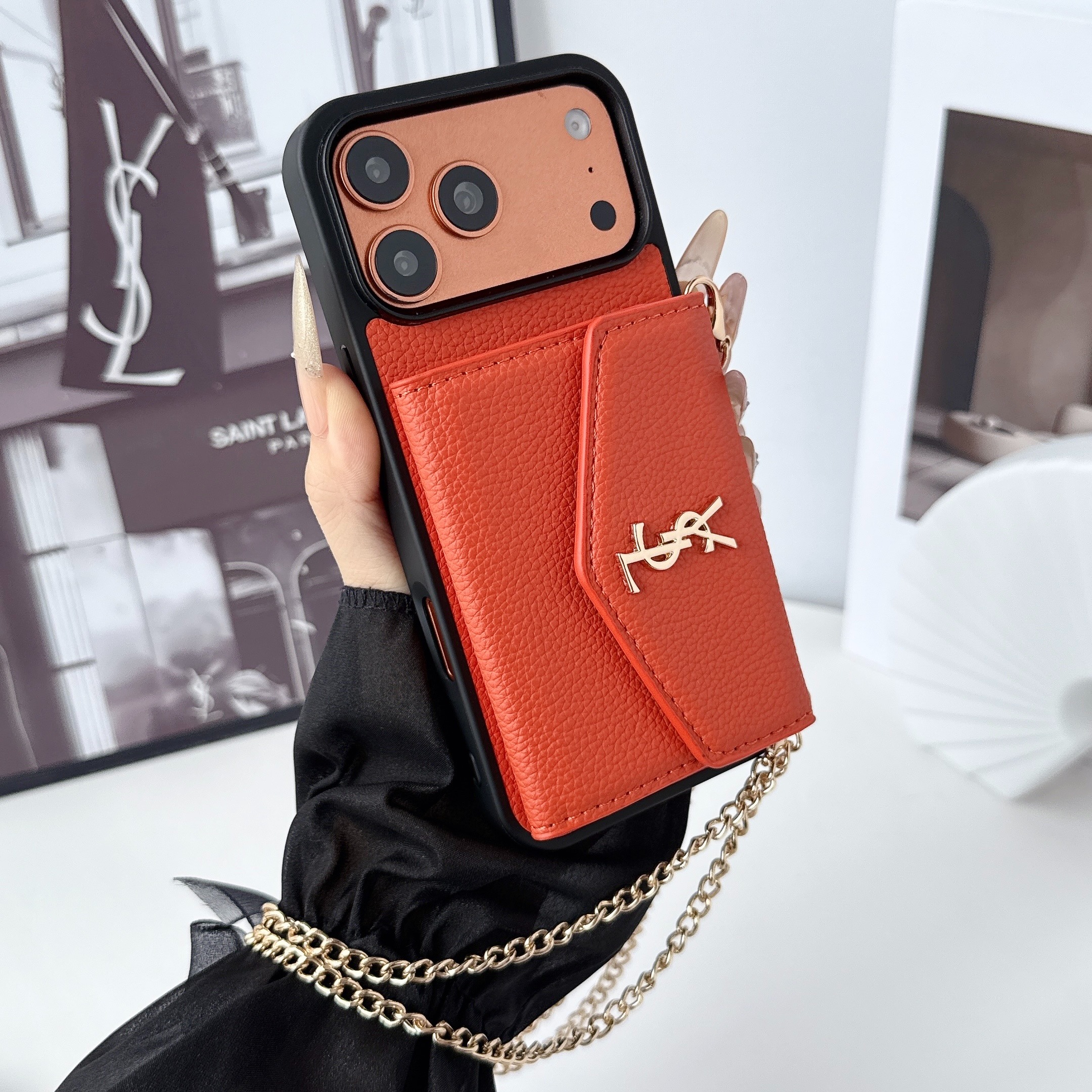 YSL Leather iPhone Wallet Case with Metal Crossbody Strap