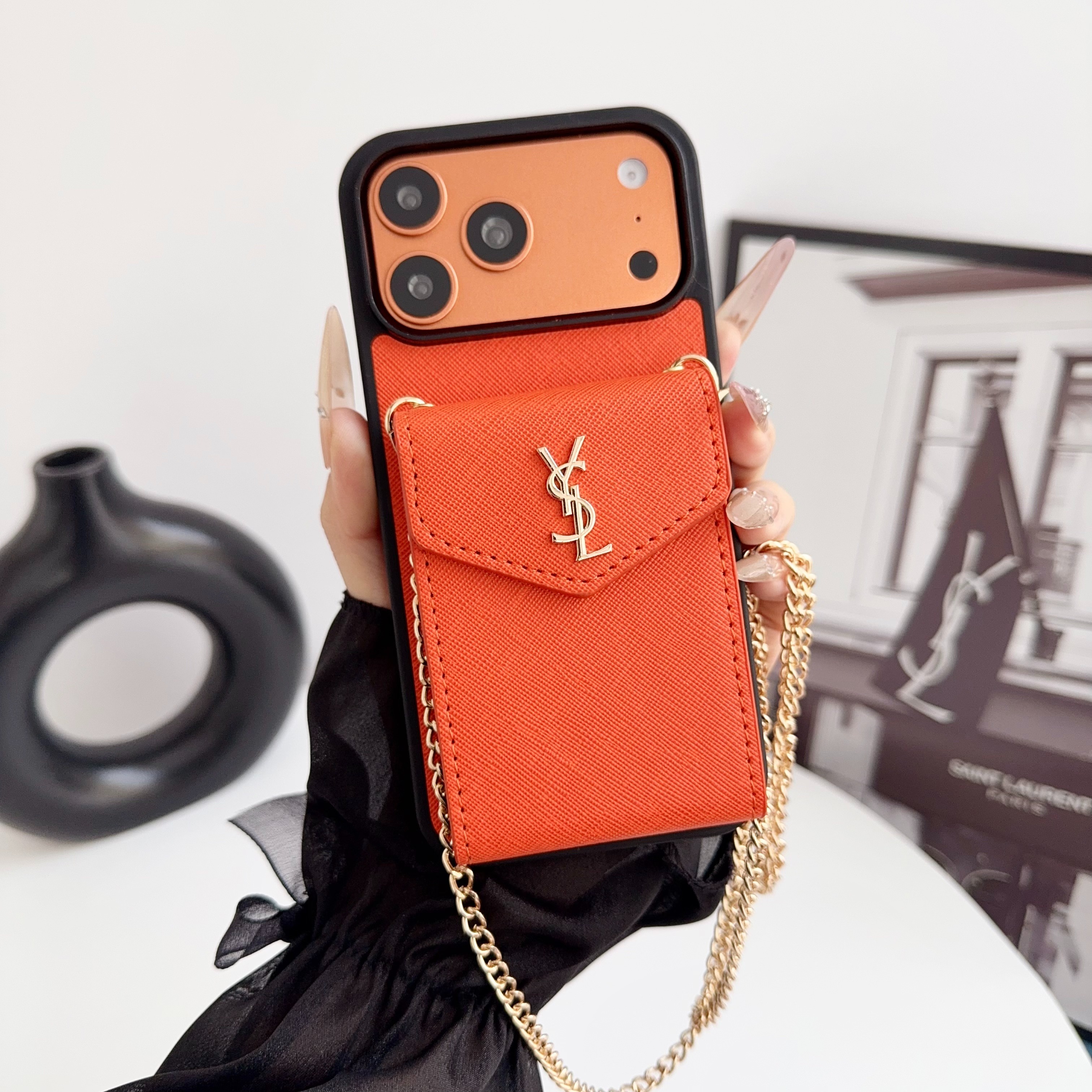 YSL Leather iPhone Wallet Case with Metal Crossbody Strap