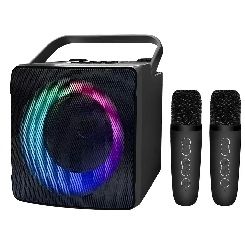 Dual Microphone Karaoke Machine with RGB LED Light Bluetooth-compatible Speaker 10W HIFI Player 