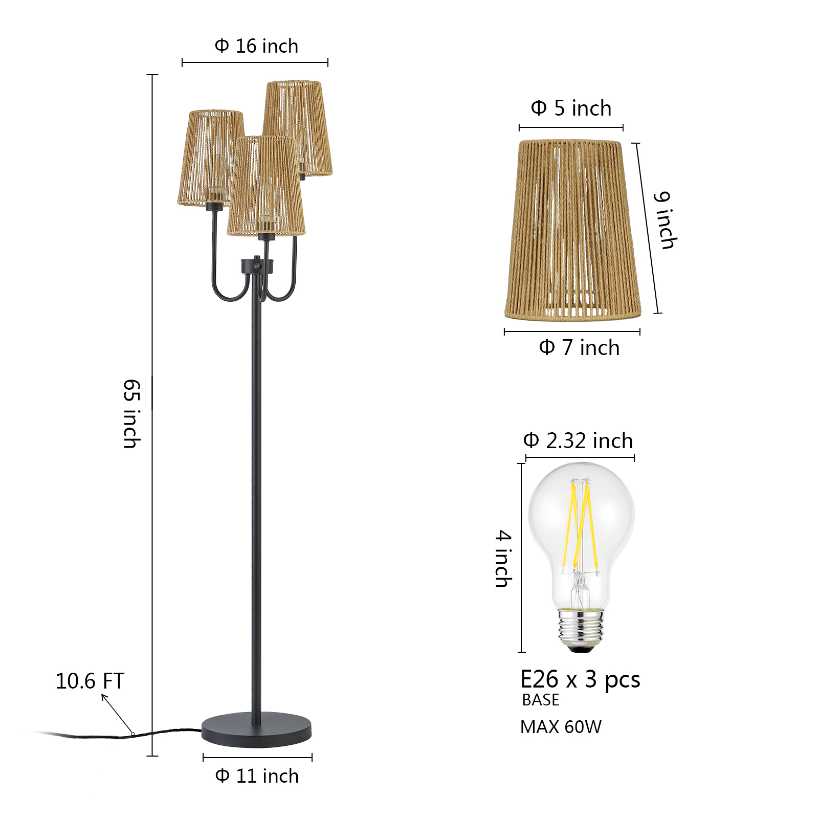 Laikeyo 3-Light Tree Floor Lamp with Hemp String Shade