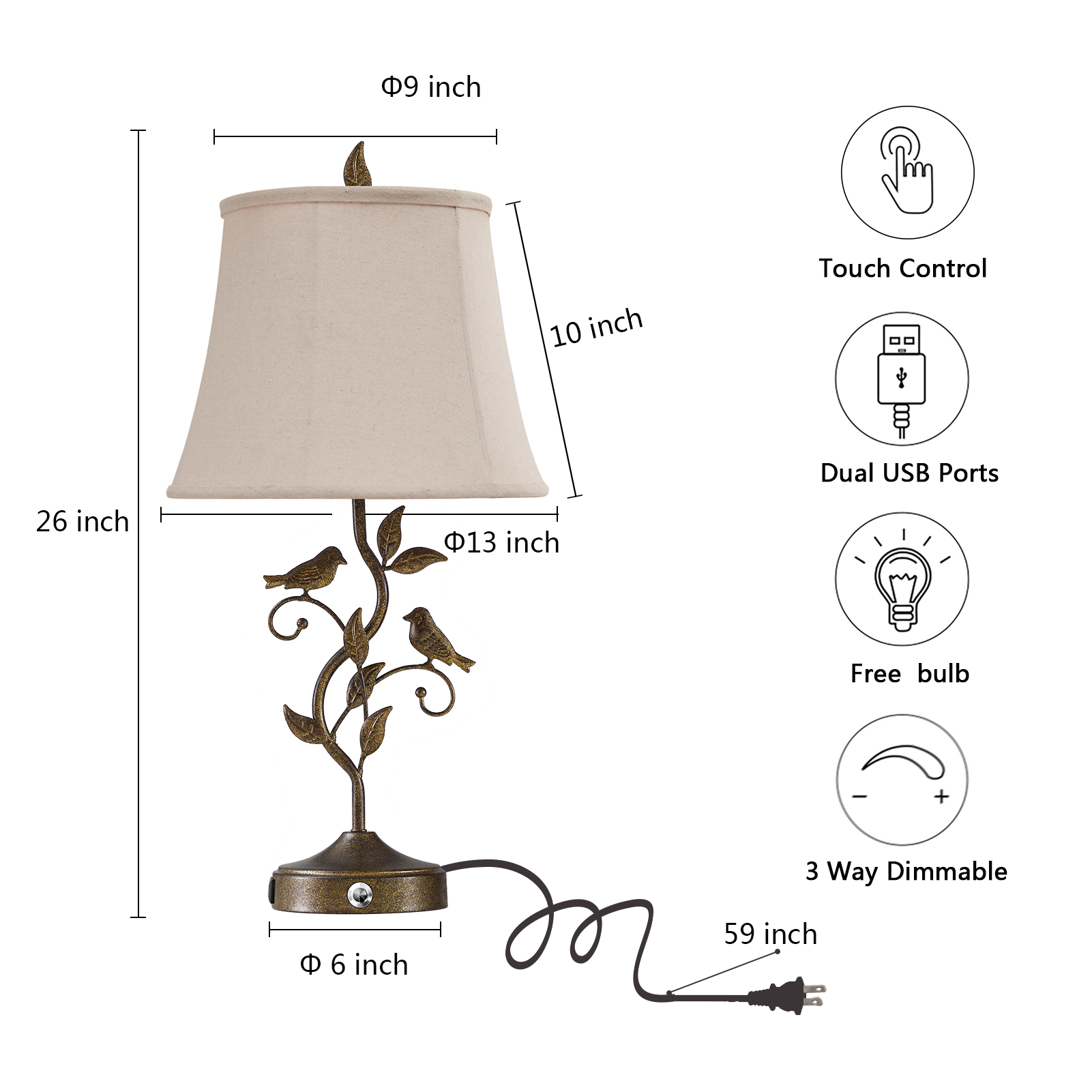 26" Farmhouse Tree Branch Table Lamp set with Touch 3-Way Dimming & Dual USB(set of 2)