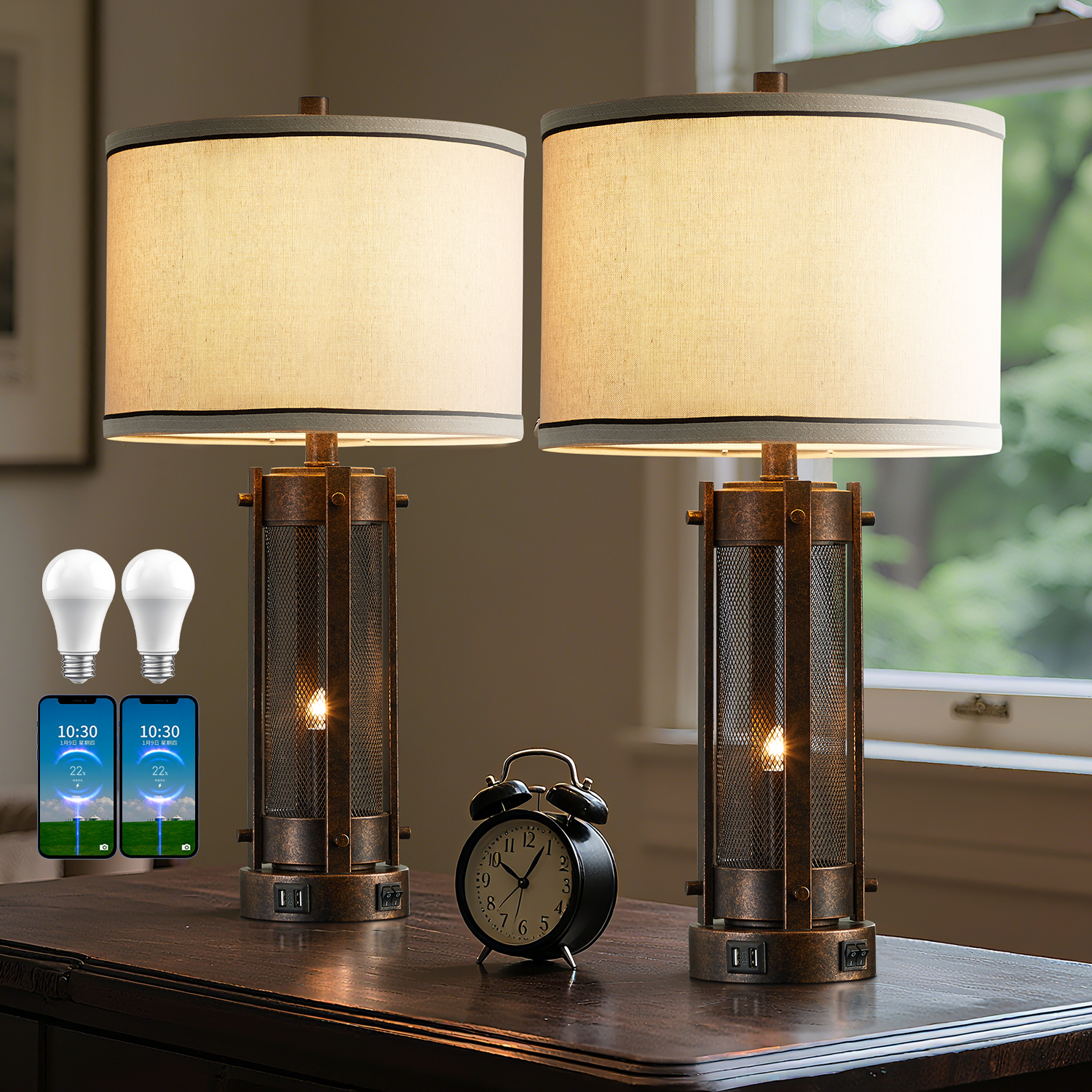 Modern Transitional Table Lamp Set of 2 with Dual USB Ports & Night Light Mode – Fabric Shade Bedside Lamps for Bedroom, Living Room or Desk By 17 Stories