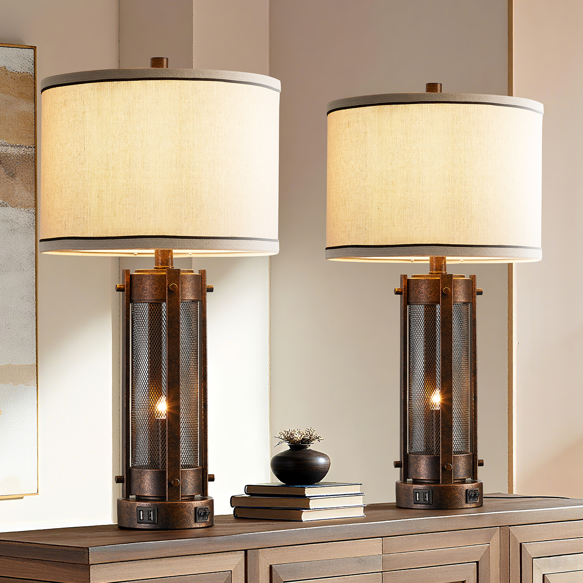 Modern Transitional Table Lamp Set of 2 with Dual USB Ports & Night Light Mode – Fabric Shade Bedside Lamps for Bedroom, Living Room or Desk By 17 Stories