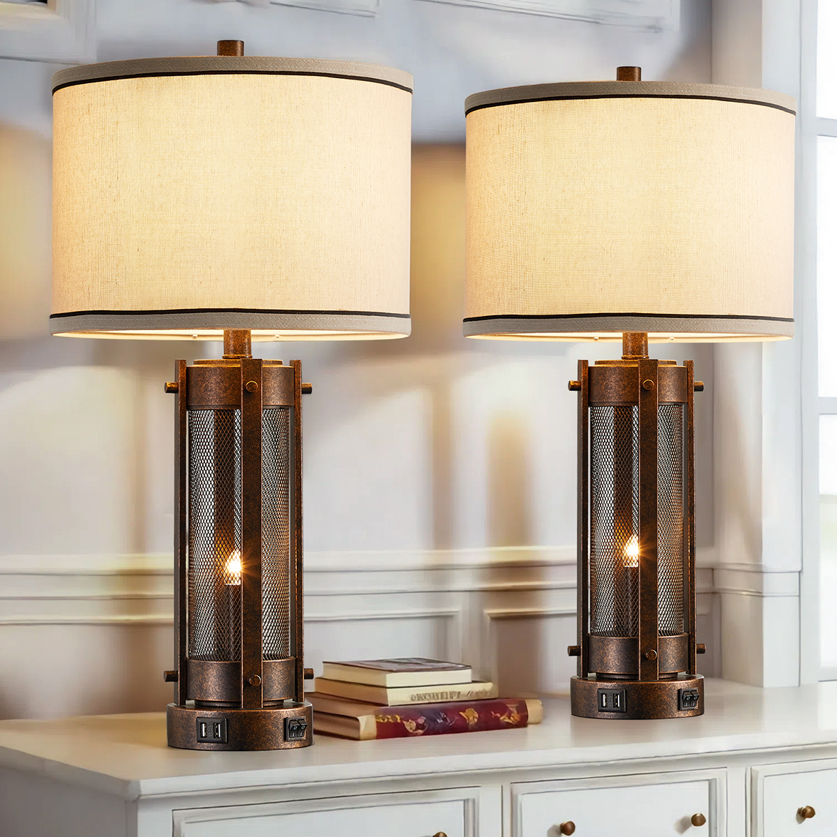 Modern Transitional Table Lamp Set of 2 with Dual USB Ports & Night Light Mode – Fabric Shade Bedside Lamps for Bedroom, Living Room or Desk By 17 Stories