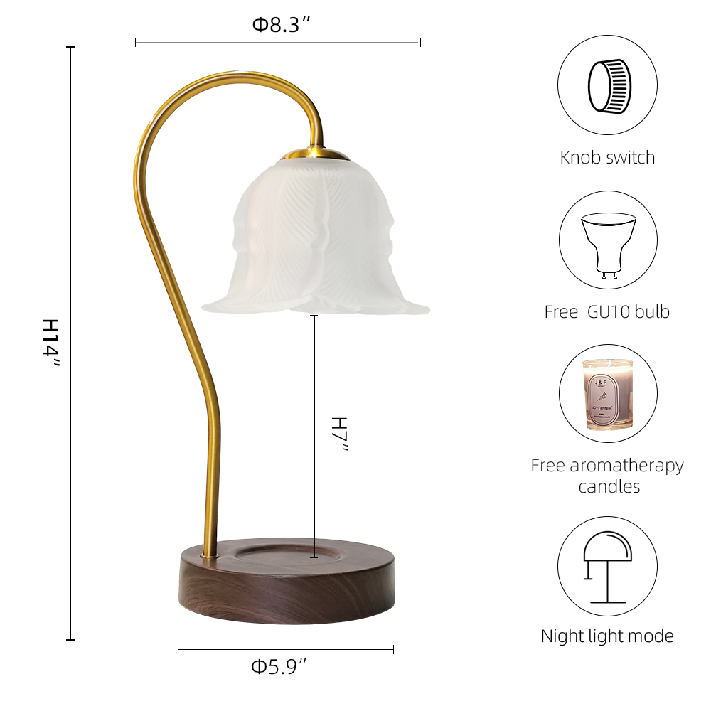 The sizes of a aromatherapy candle floral table lamp, it comes with a free aromatherapy candle and a free GU10 bulb, it also has night light mode. 