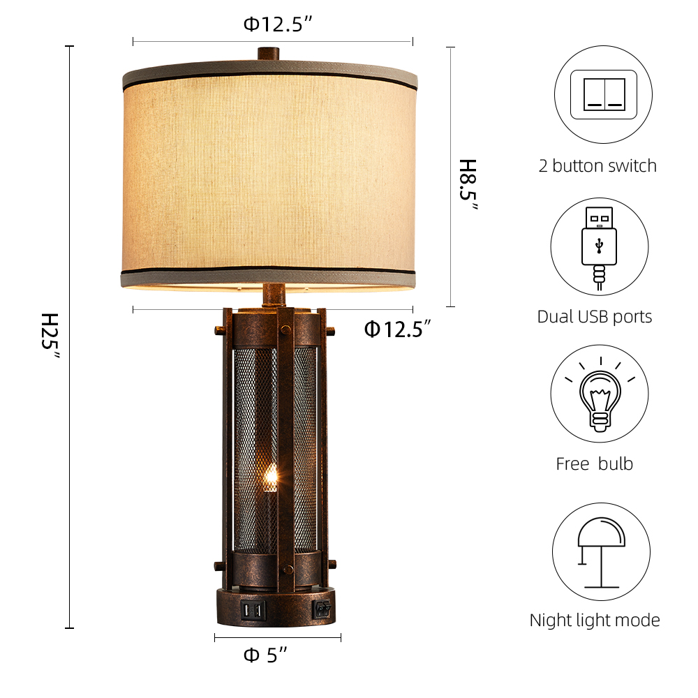Modern Transitional Table Lamp Set of 2 with Dual USB Ports & Night Light Mode – Fabric Shade Bedside Lamps for Bedroom, Living Room or Desk By 17 Stories