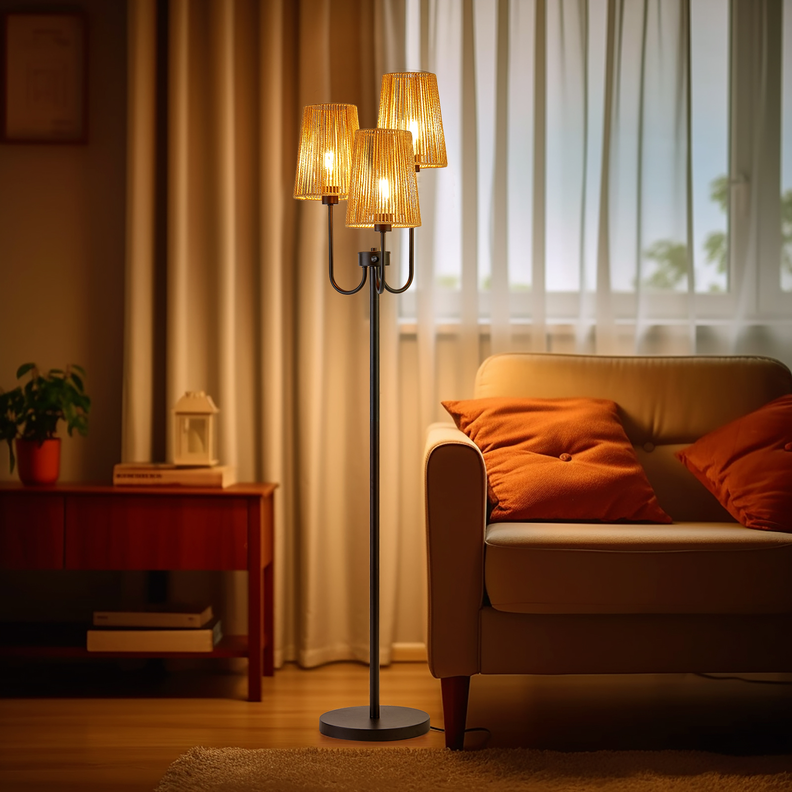 Laikeyo 3-Light Tree Floor Lamp with Hemp String Shade