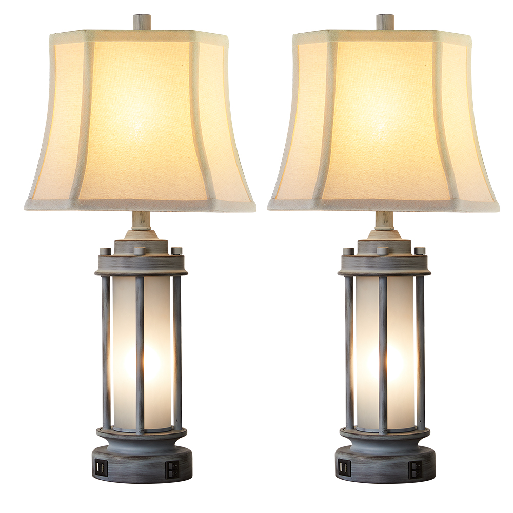 2Pc Belvoir Castle Table Lamps w. Night Light & USB, Gray Wash Metal+Glass, White Lampshade