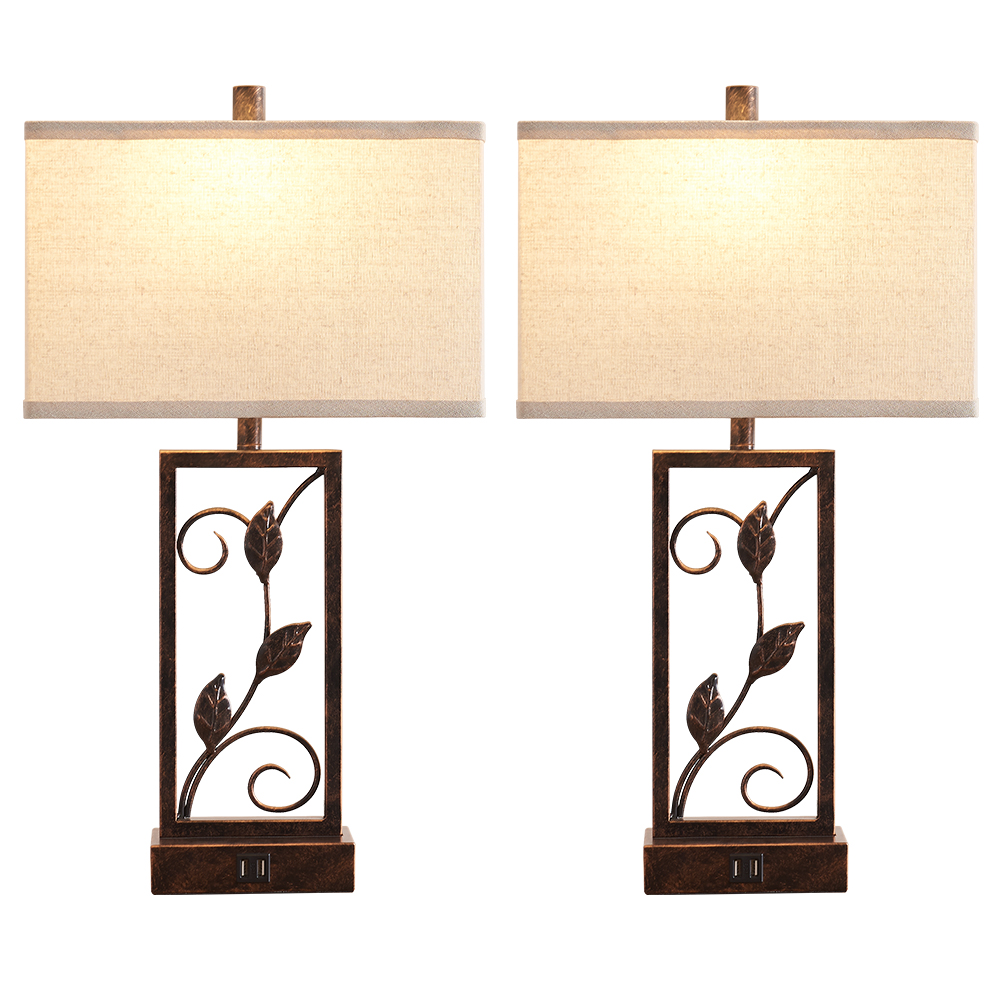 2Pc Folia Sculptural Table Lamps w. USB, Bronze Metal, White Lampshade