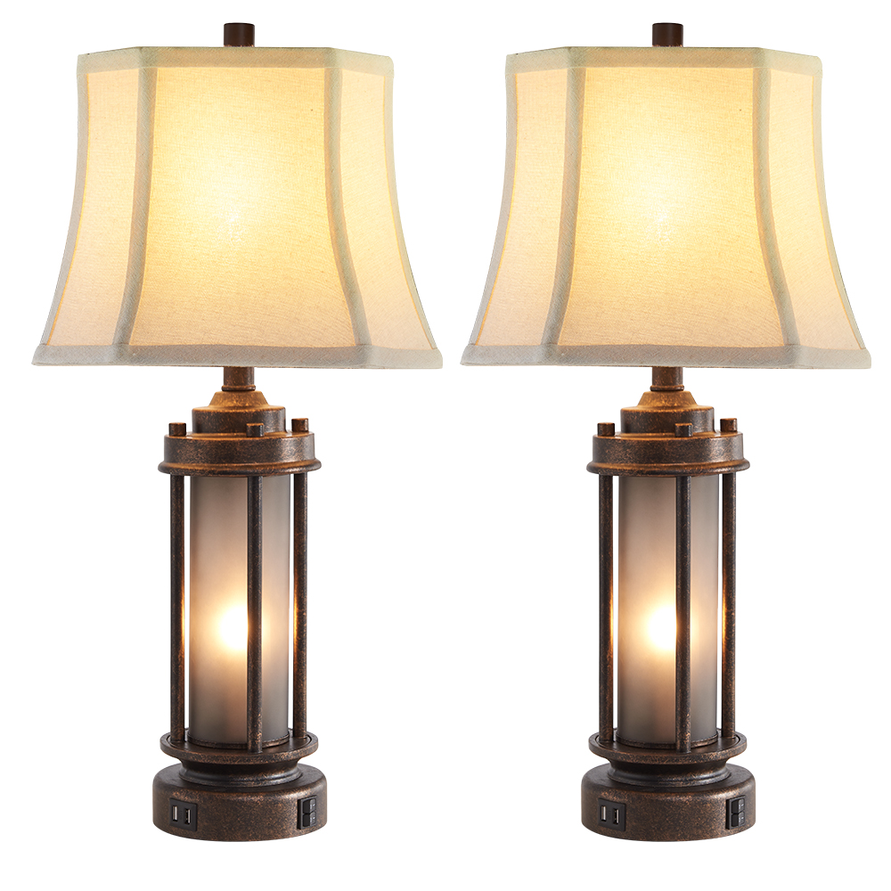 2Pc Belvoir Castle Table Lamps w. Night Light & USB, Bronze Metal+Glass, White Lampshade