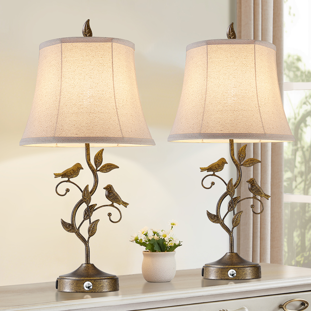 26" Farmhouse Tree Branch Table Lamp set with Touch 3-Way Dimming & Dual USB(set of 2)