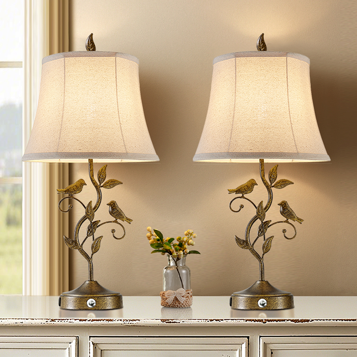26" Farmhouse Tree Branch Table Lamp set with Touch 3-Way Dimming & Dual USB(set of 2)