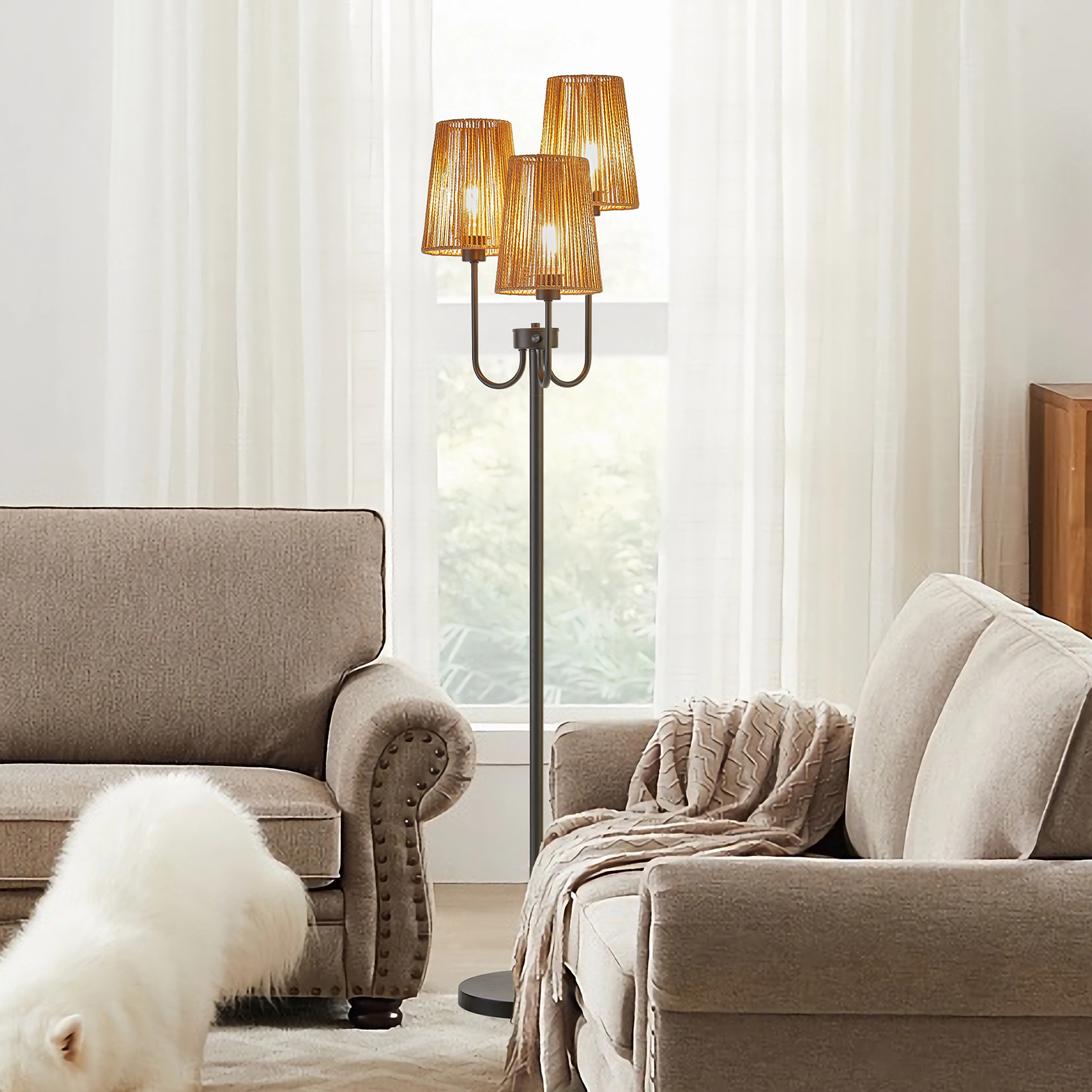 Laikeyo 3-Light Tree Floor Lamp with Hemp String Shade