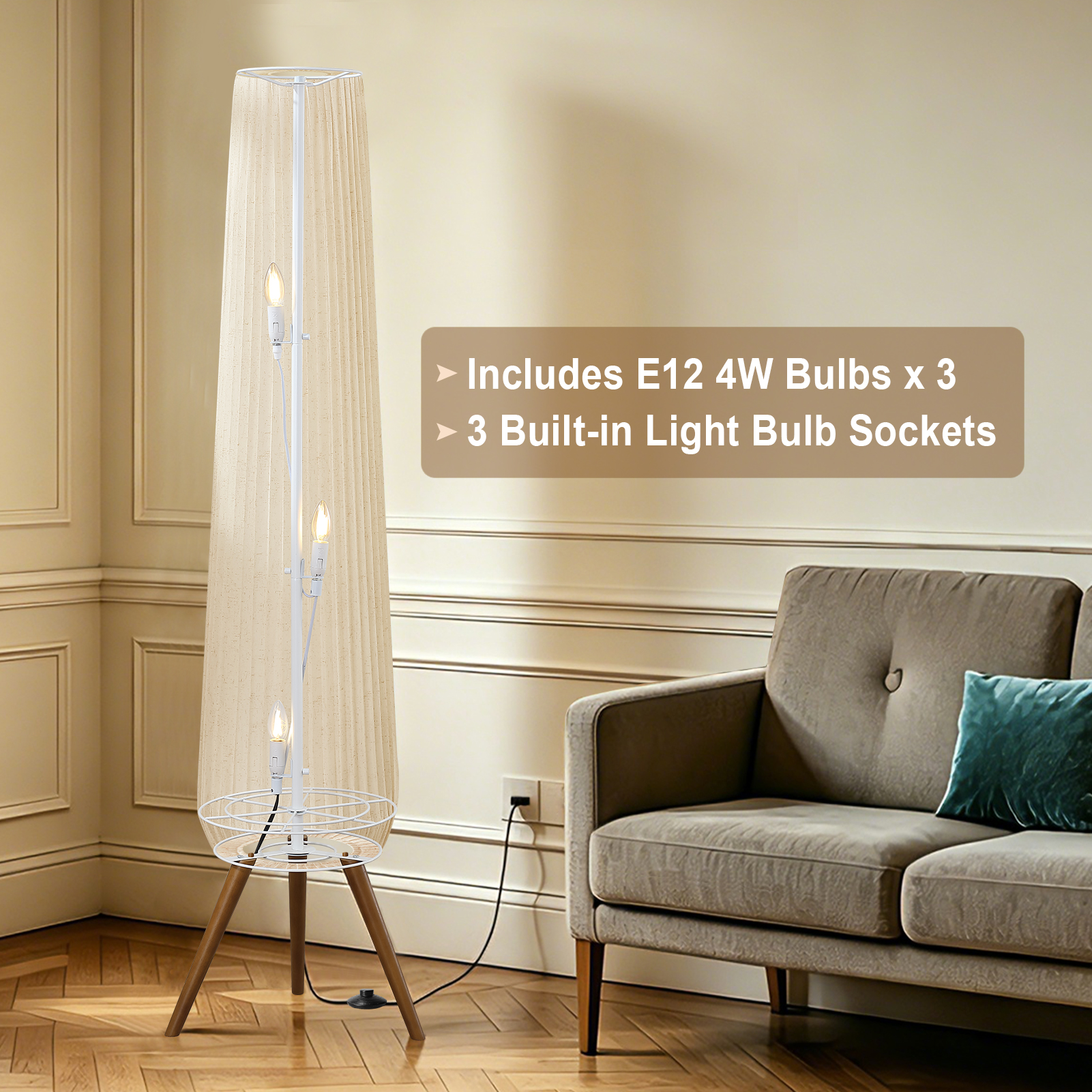 61'' Oatmeal Linen Pleated Floor Lamp, Walnut Wood Tripod Base Tall Standing Lamp with 3 Built-in Light Sockets, Soft Ambient Lighting Boho Wabi-Sabi Style Lamp for Living Room, Bedroom