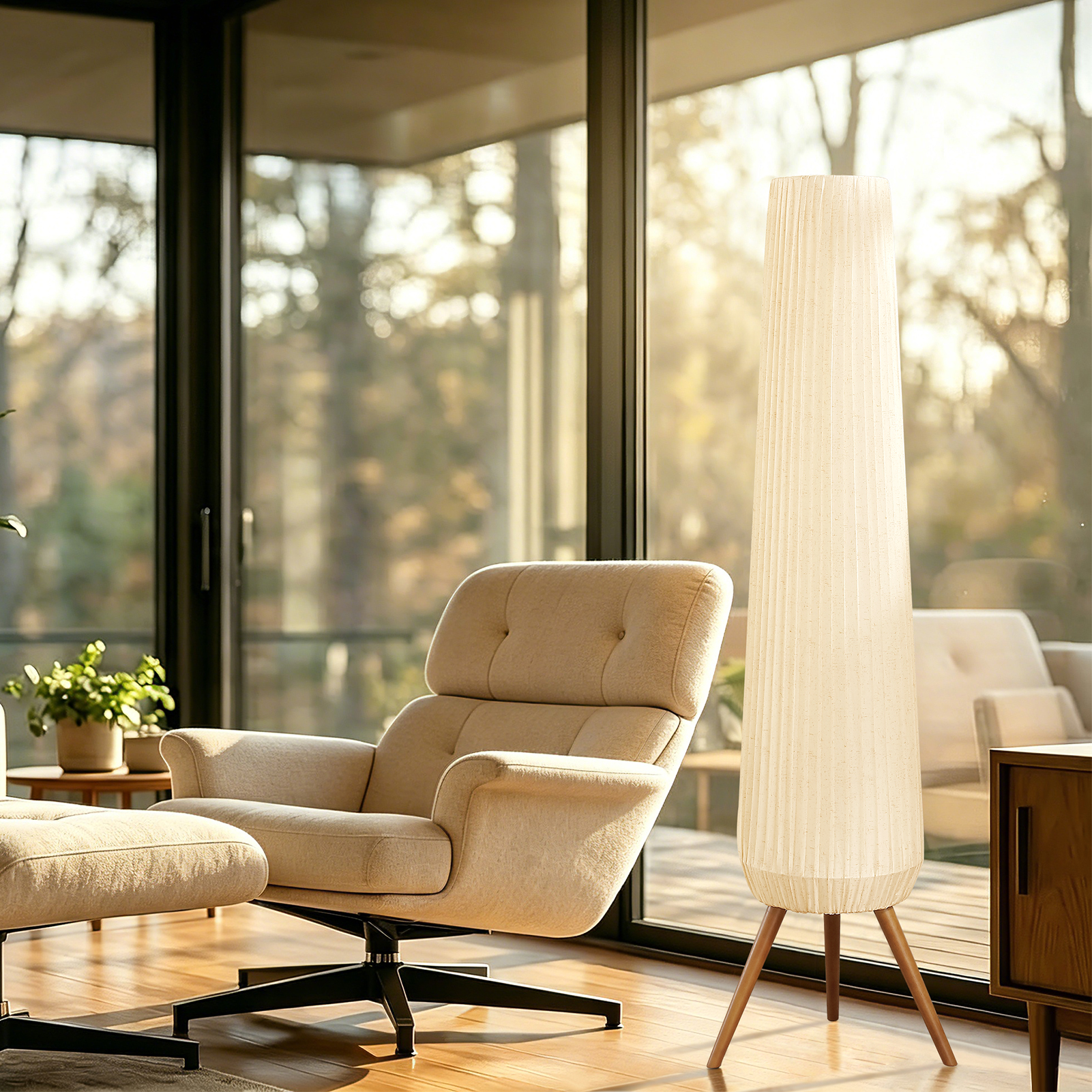 61'' Oatmeal Linen Pleated Floor Lamp, Walnut Wood Tripod Base Tall Standing Lamp with 3 Built-in Light Sockets, Soft Ambient Lighting Boho Wabi-Sabi Style Lamp for Living Room, Bedroom