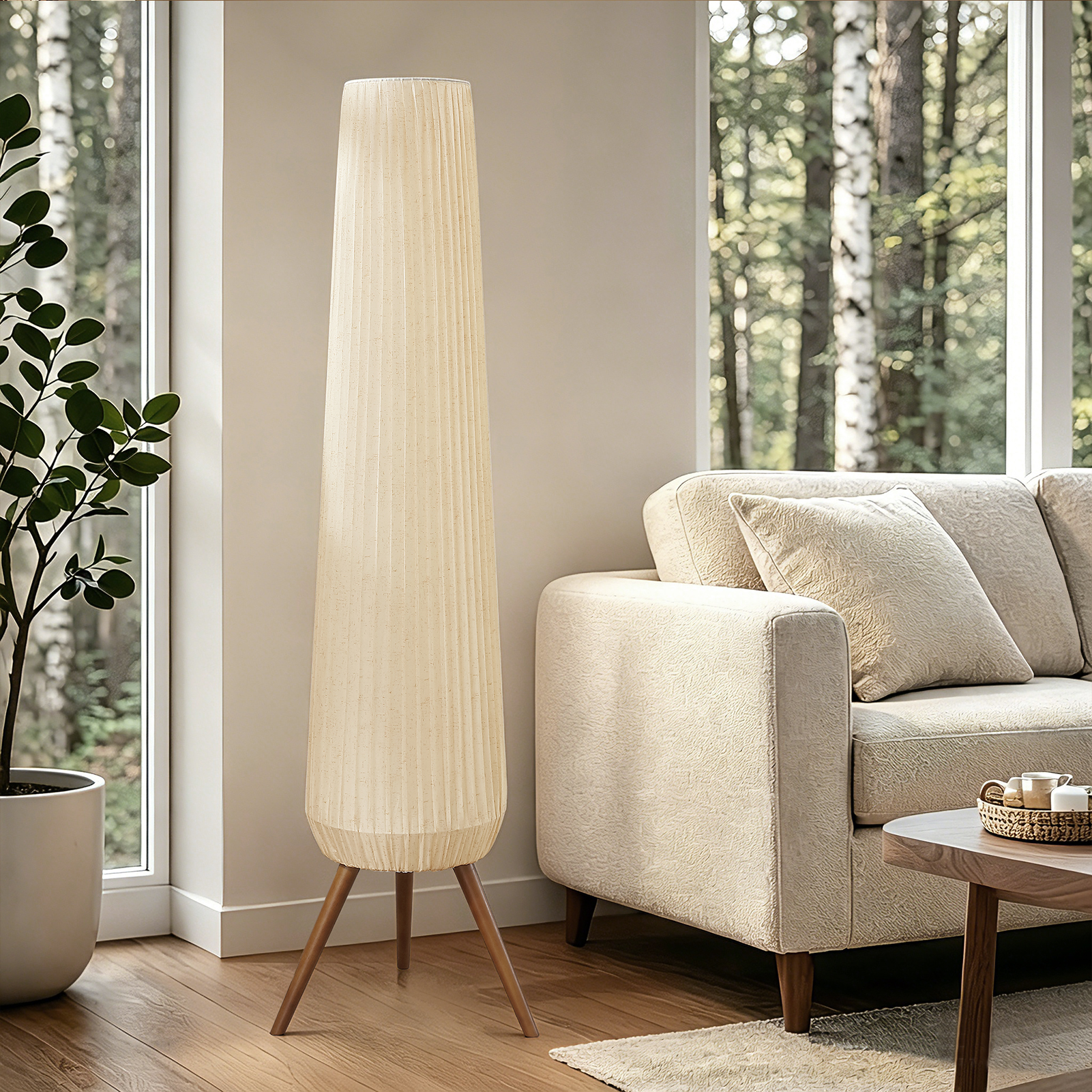 61'' Oatmeal Linen Pleated Floor Lamp, Walnut Wood Tripod Base Tall Standing Lamp with 3 Built-in Light Sockets, Soft Ambient Lighting Boho Wabi-Sabi Style Lamp for Living Room, Bedroom