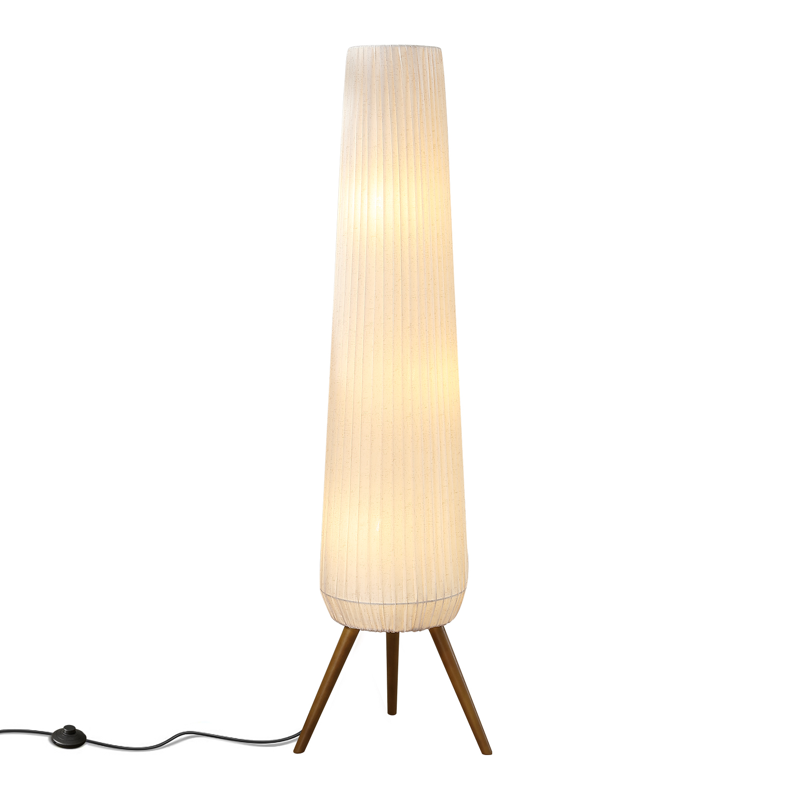 61'' Oatmeal Linen Pleated Floor Lamp, Walnut Wood Tripod Base Tall Standing Lamp with 3 Built-in Light Sockets, Soft Ambient Lighting Boho Wabi-Sabi Style Lamp for Living Room, Bedroom