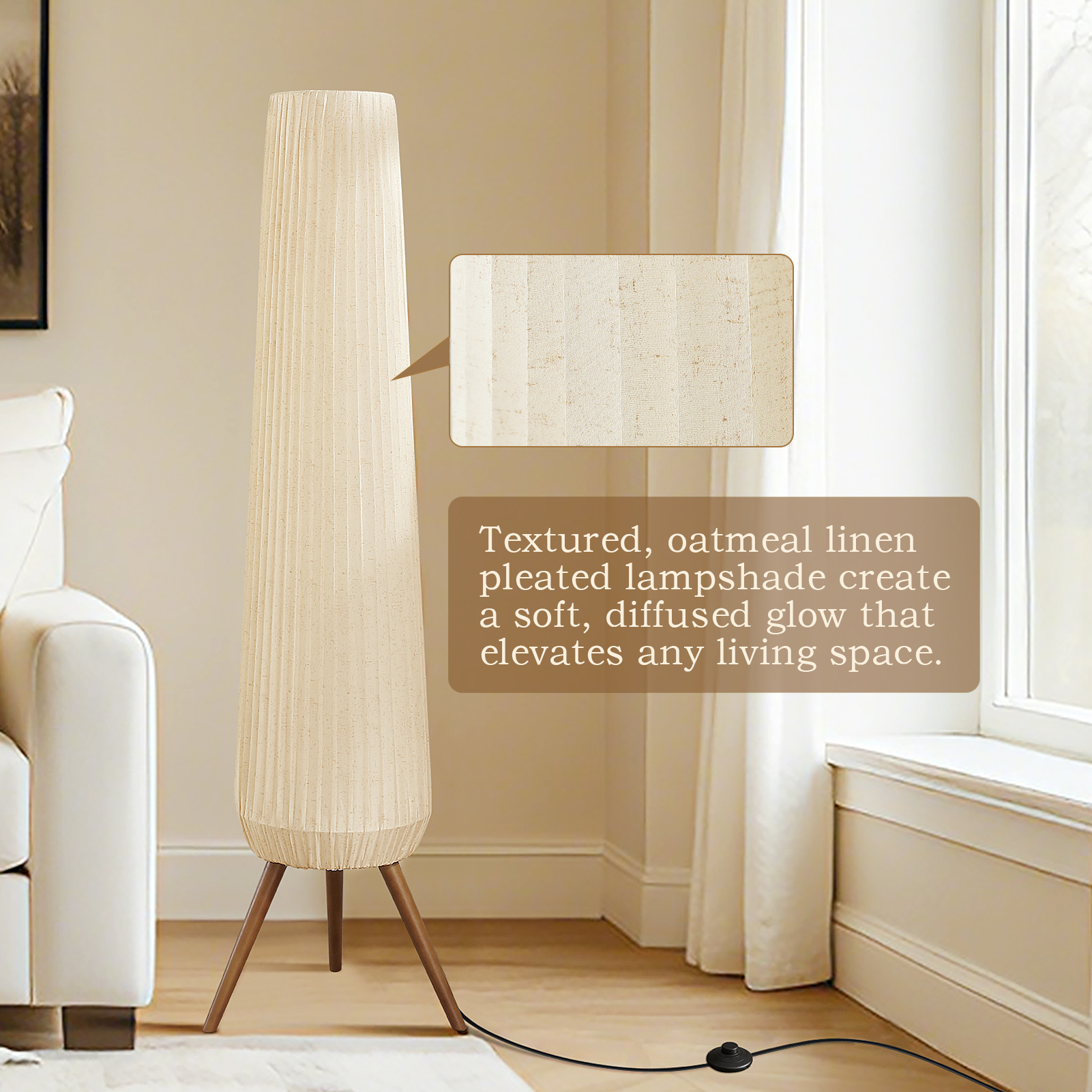 61'' Oatmeal Linen Pleated Floor Lamp, Walnut Wood Tripod Base Tall Standing Lamp with 3 Built-in Light Sockets, Soft Ambient Lighting Boho Wabi-Sabi Style Lamp for Living Room, Bedroom