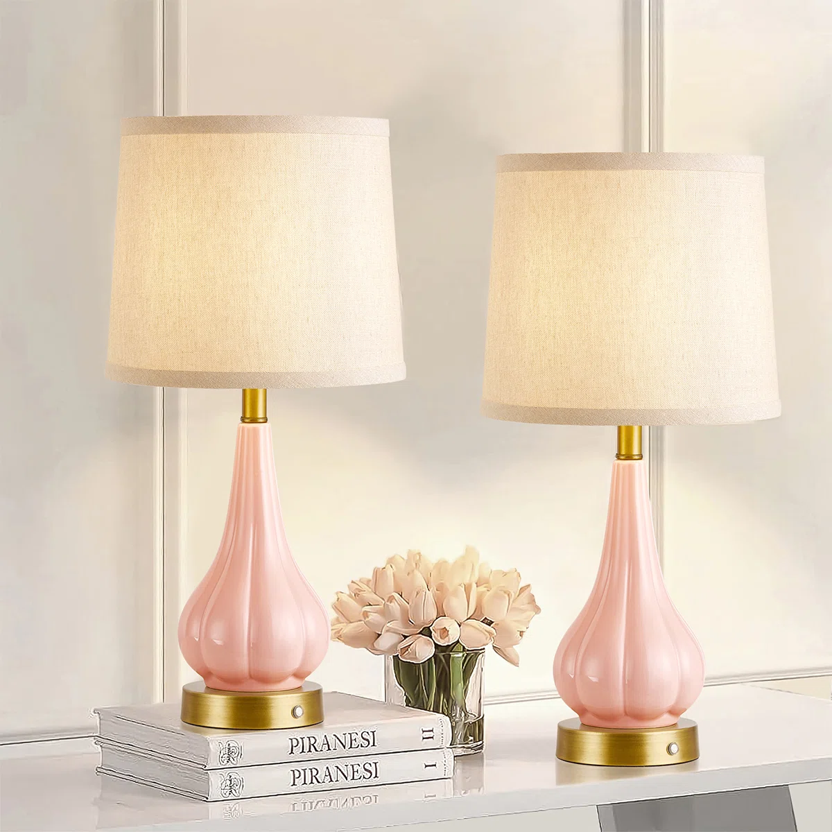 18” Pink Rechargeable Ceramic Lamp With Golden Base(Set Of 2)