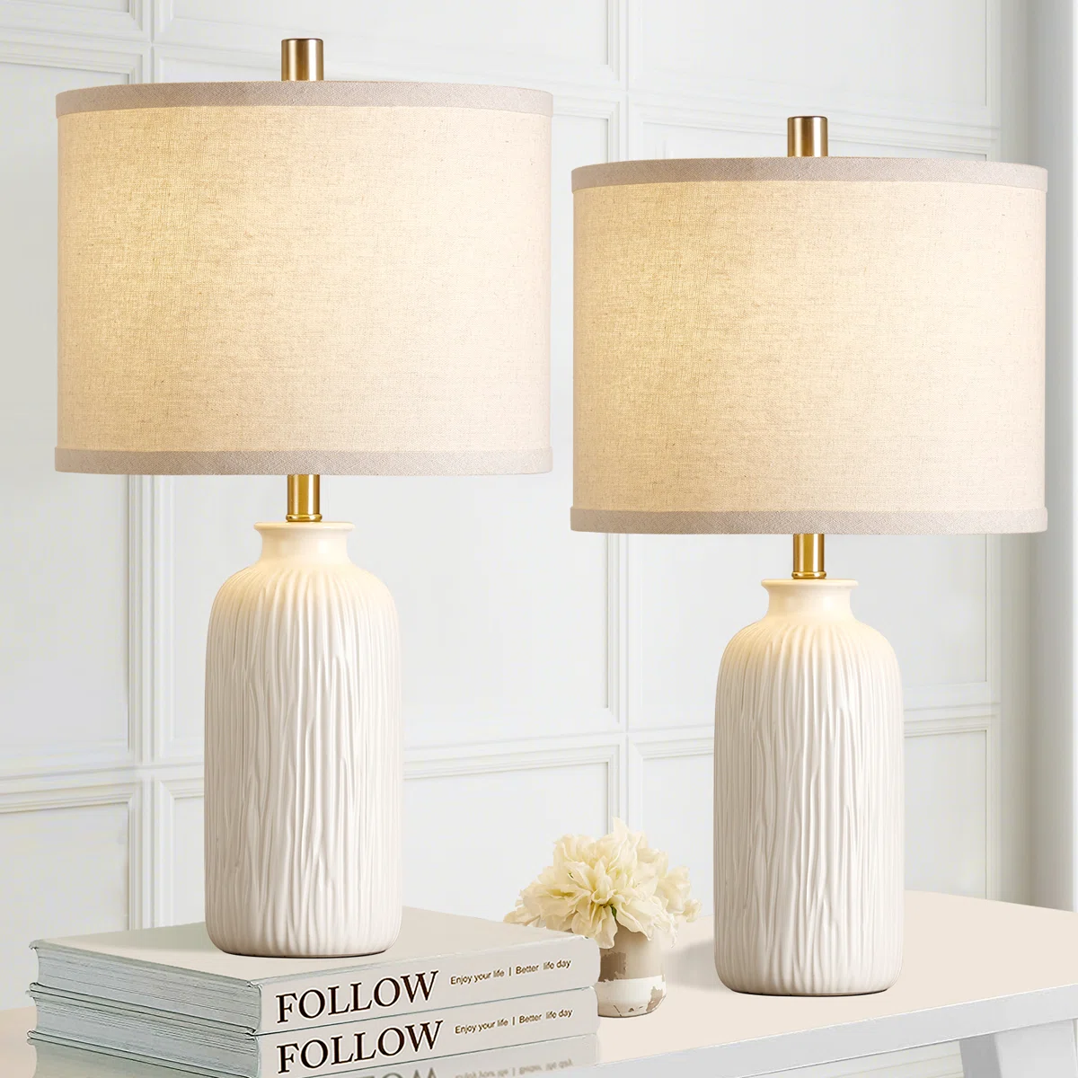 21” Ivory White Glazed Ceramic Lamp(Set Of 2)