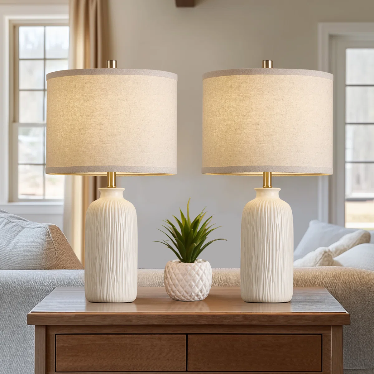 21” Ivory White Glazed Ceramic Lamp(Set Of 2)