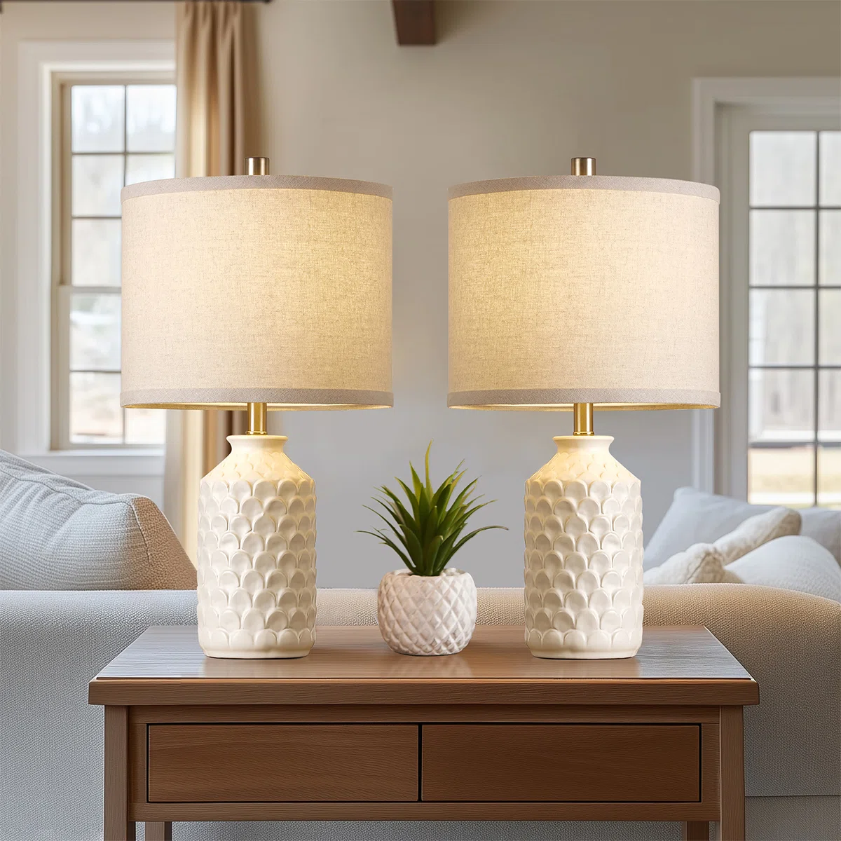 21” White Carved Ceramic Lamp(Set Of 2)